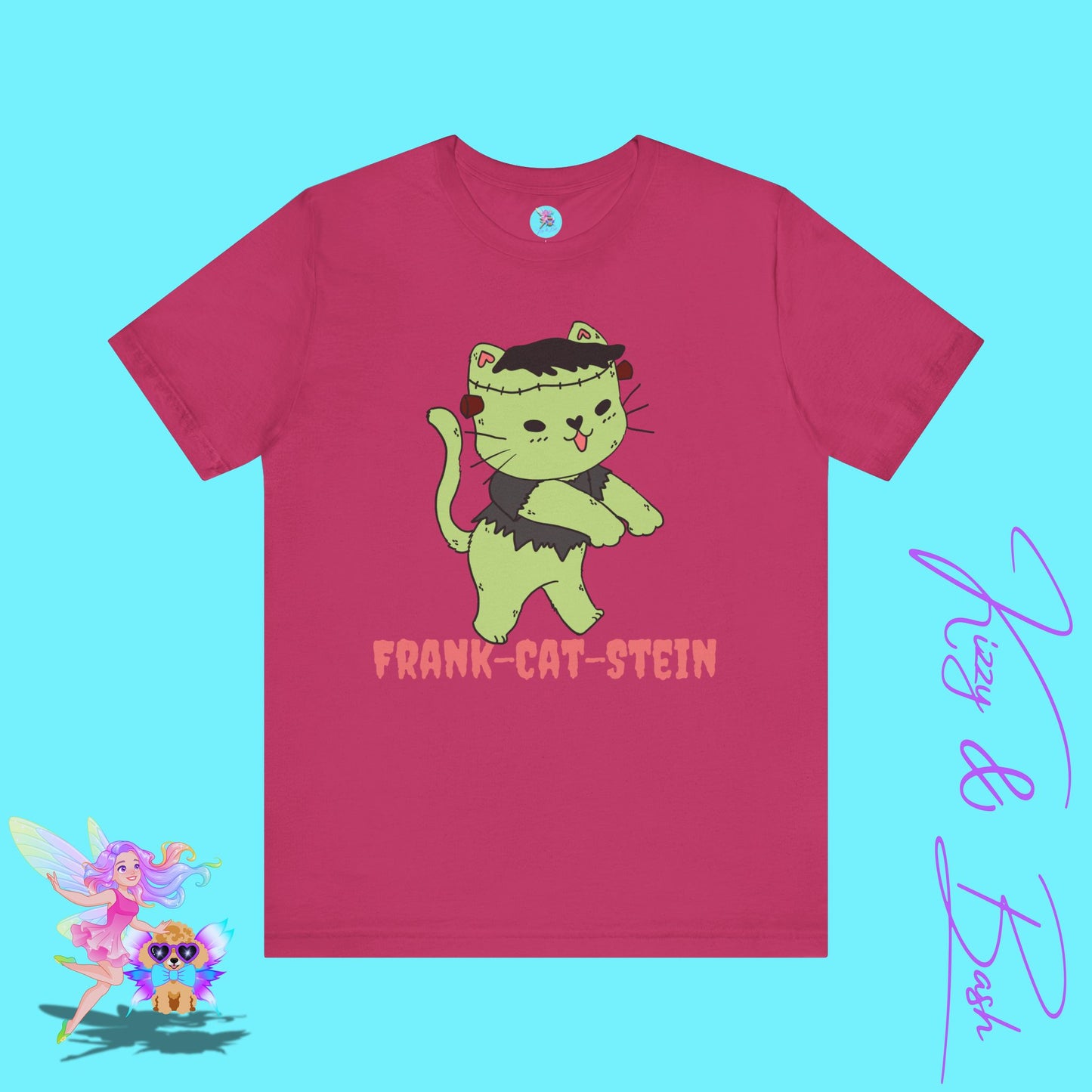 Frank-Cat-Stein Cute Halloween Zombie Cat T-Shirt Monster Cat Halloween Pun Shirt Gift for Frankenstein Fans Cat Lover Gift For Cat Mom or Cat Dad Funny English Teacher Appreciation Gift Adult Unisex Jersey Short Sleeve Tee