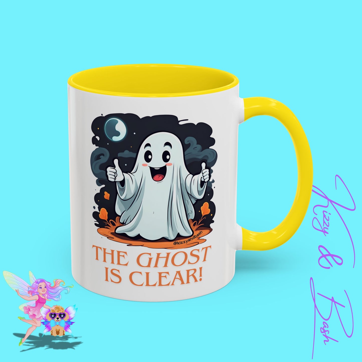 Funny Halloween Mug Cute Halloween Coffee Mug Unique Ghost Lover Gift The Ghost is Clear The Coast is Clear Punny Ghost with Two Thumbs Up Accent Coffee Mug - 11, 15oz