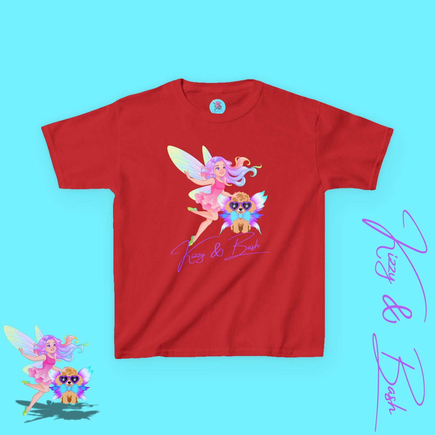 Kizzy & Bash Logo T-Shirt for Kids Whimsical Fairy Girl and Toy Poodle with Wings Fairycore Shirt Gift for Fairy Lovers Gift for Poodle Lovers Kids Heavy Cotton™ Tee