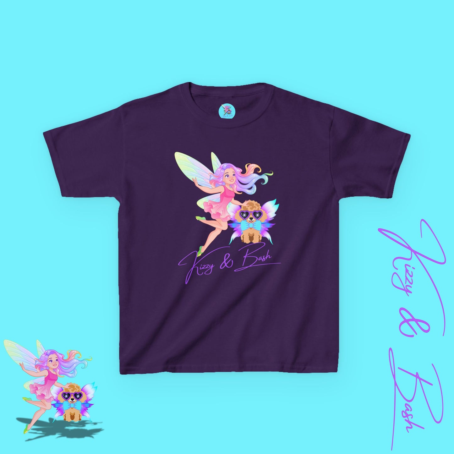 Kizzy & Bash Logo T-Shirt for Kids Whimsical Fairy Girl and Toy Poodle with Wings Fairycore Shirt Gift for Fairy Lovers Gift for Poodle Lovers Kids Heavy Cotton™ Tee