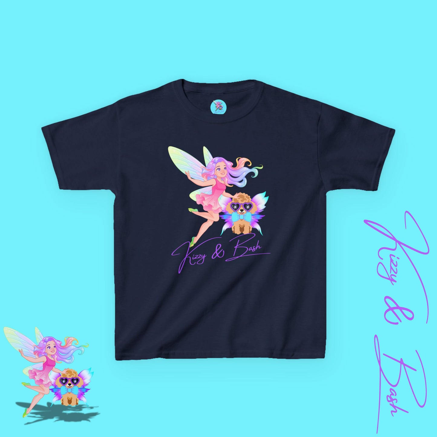 Kizzy & Bash Logo T-Shirt for Kids Whimsical Fairy Girl and Toy Poodle with Wings Fairycore Shirt Gift for Fairy Lovers Gift for Poodle Lovers Kids Heavy Cotton™ Tee