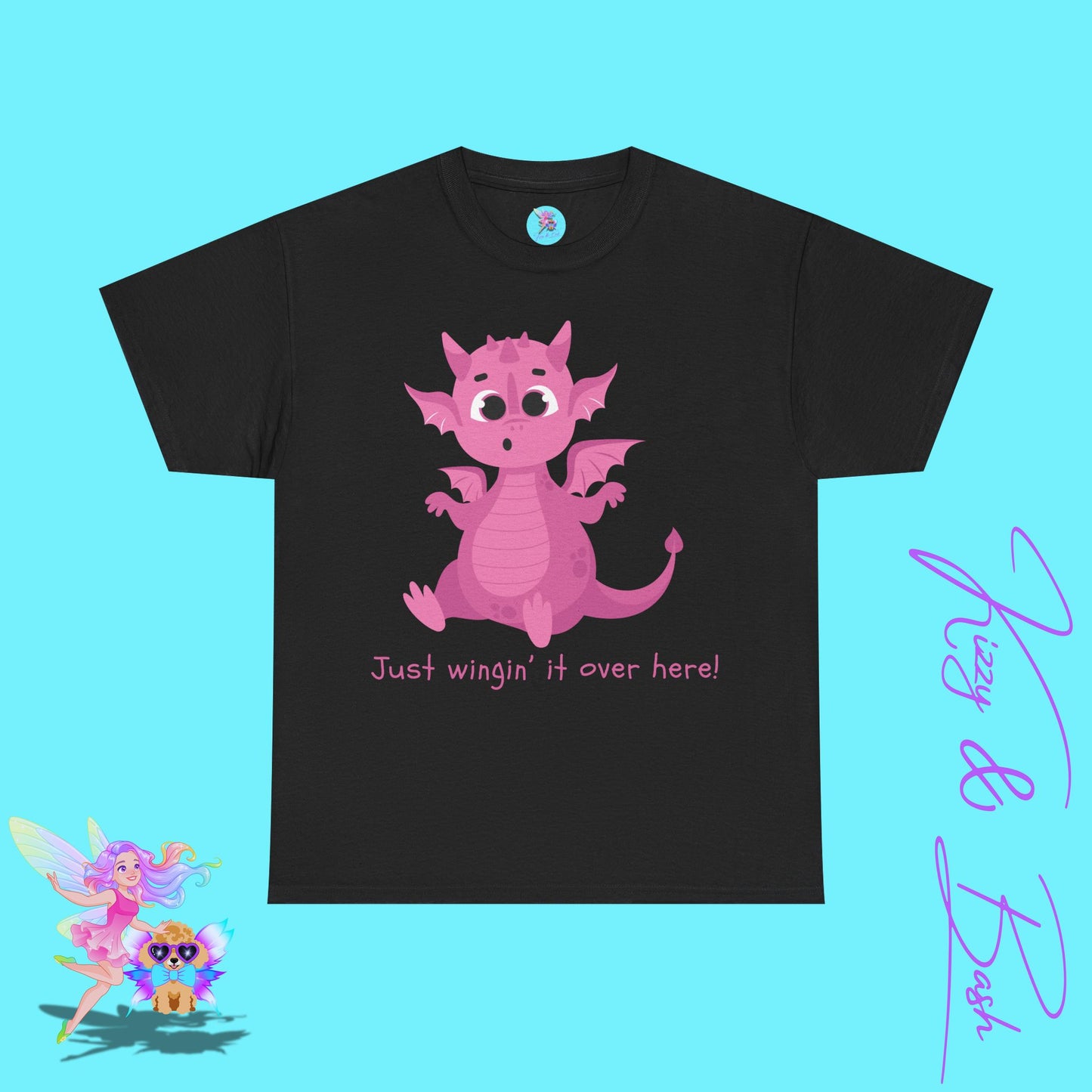 Pink Dragon T-Shirt Just Wingin' it Over Here Shirt for Adults Dragoncore Gift Idea Girl Power T-Shirt Funny Animal Pun Shirt for Dragon Lovers Unisex Heavy Cotton Tee