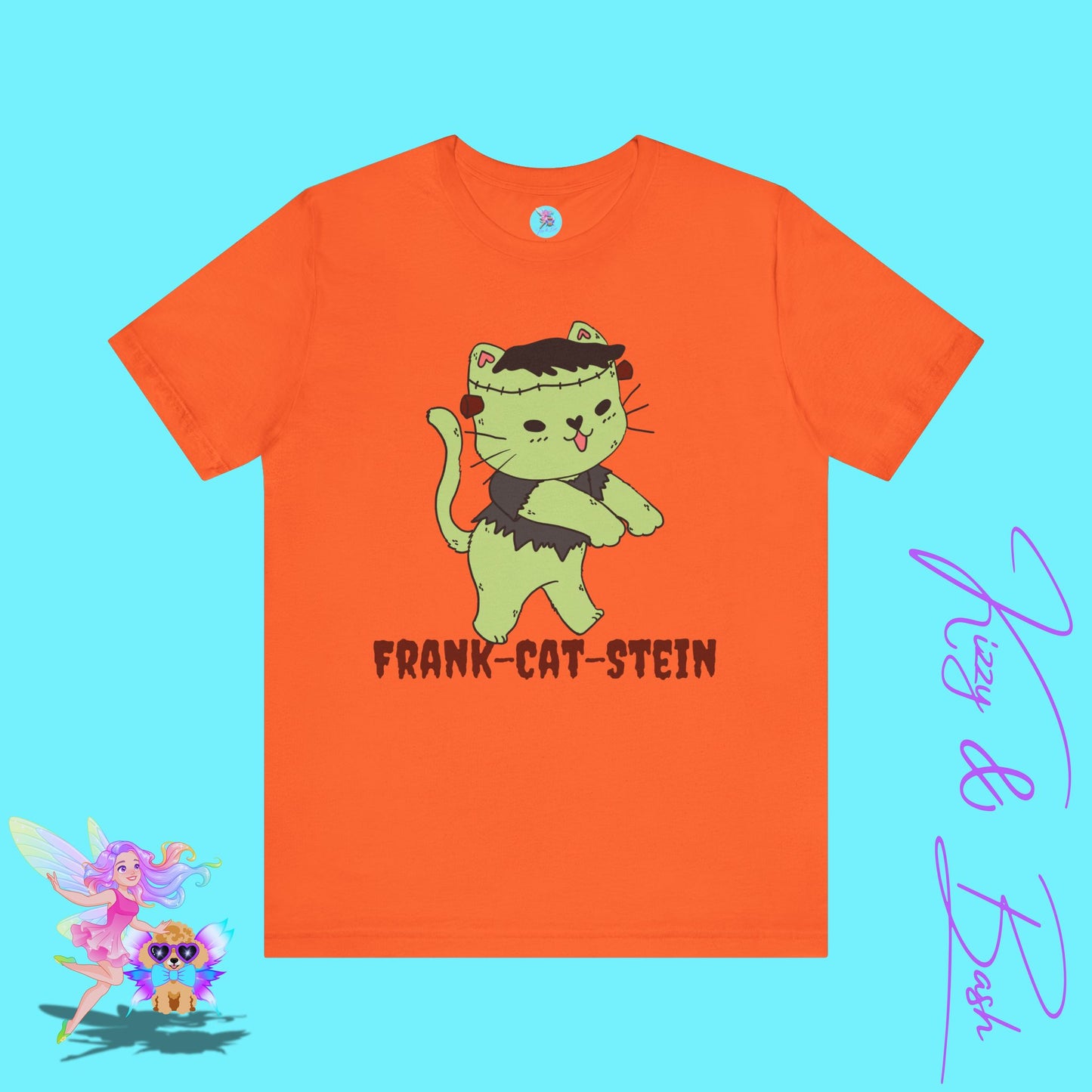 Frank-Cat-Stein Cute Halloween Zombie Cat T-Shirt Monster Cat Halloween Pun Shirt Gift for Frankenstein Fans Cat Lover Gift For Cat Mom or Cat Dad Funny English Teacher Appreciation Gift Adult Unisex Jersey Short Sleeve Tee