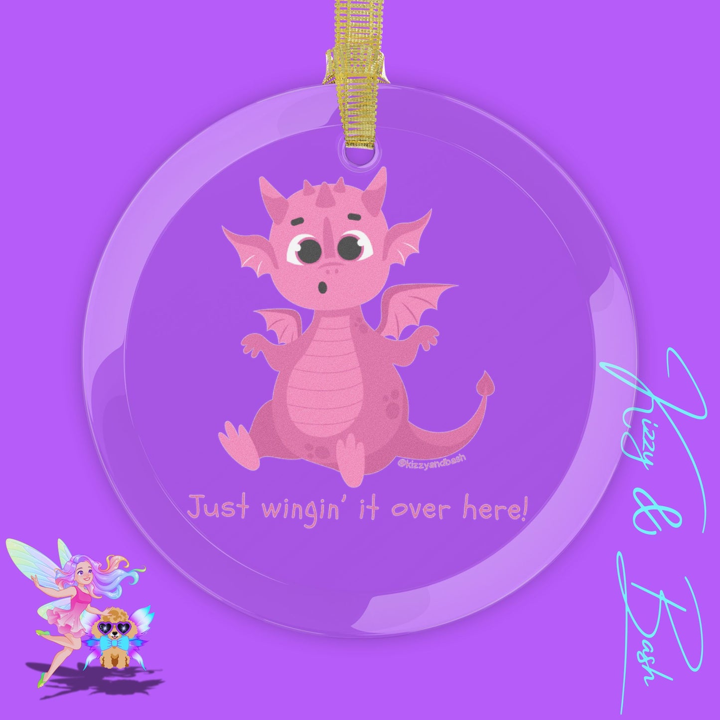 Pink Dragon Just Wingin' It Over Here Glass Ornaments Funny Dragon Gift for Her Dragoncore Christmas Gift Unique Holiday Gift for Dragon Lovers