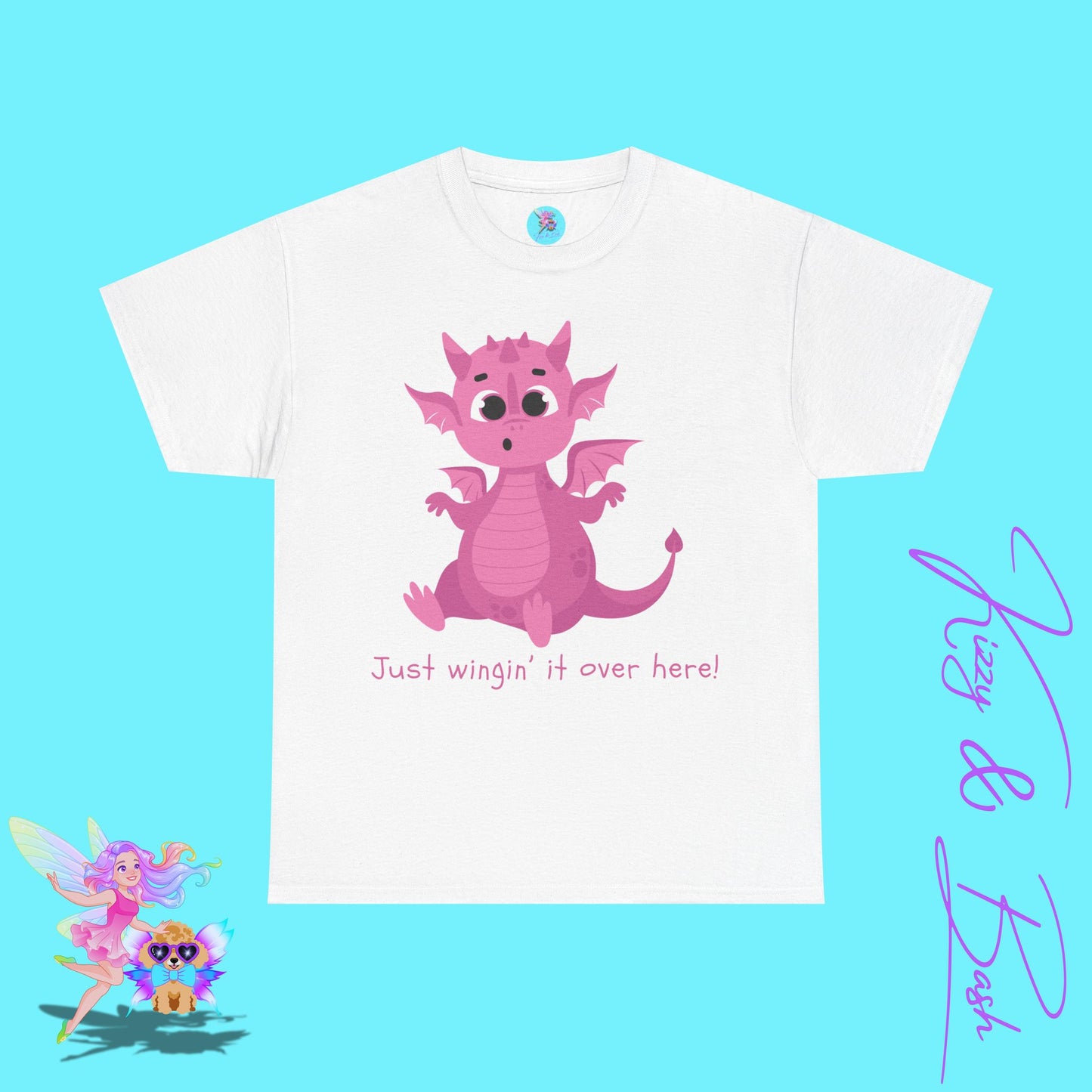 Pink Dragon T-Shirt Just Wingin' it Over Here Shirt for Adults Dragoncore Gift Idea Girl Power T-Shirt Funny Animal Pun Shirt for Dragon Lovers Unisex Heavy Cotton Tee