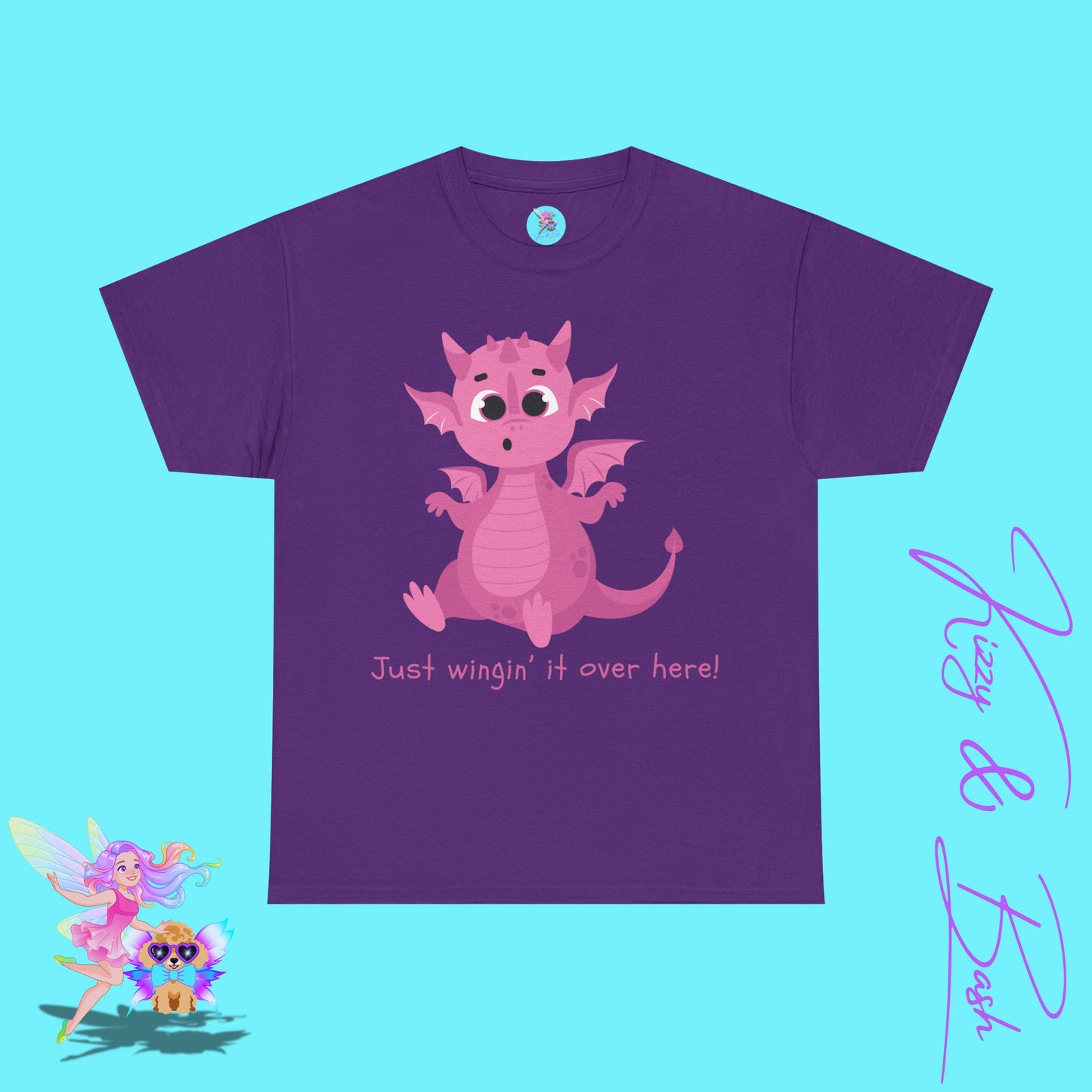 Pink Dragon T-Shirt Just Wingin' it Over Here Shirt for Adults Dragoncore Gift Idea Girl Power T-Shirt Funny Animal Pun Shirt for Dragon Lovers Unisex Heavy Cotton Tee
