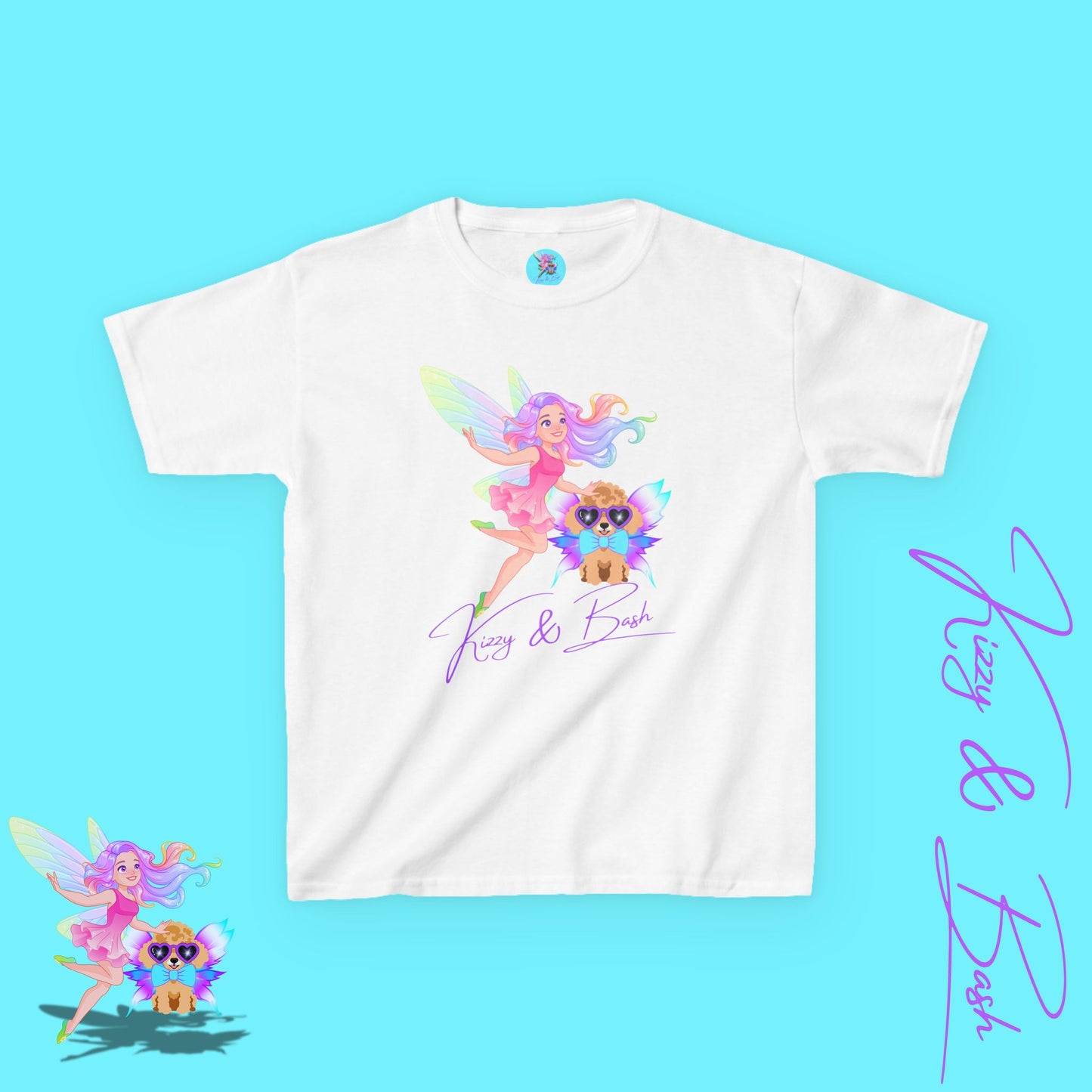 Kizzy & Bash Logo T-Shirt for Kids Whimsical Fairy Girl and Toy Poodle with Wings Fairycore Shirt Gift for Fairy Lovers Gift for Poodle Lovers Kids Heavy Cotton™ Tee