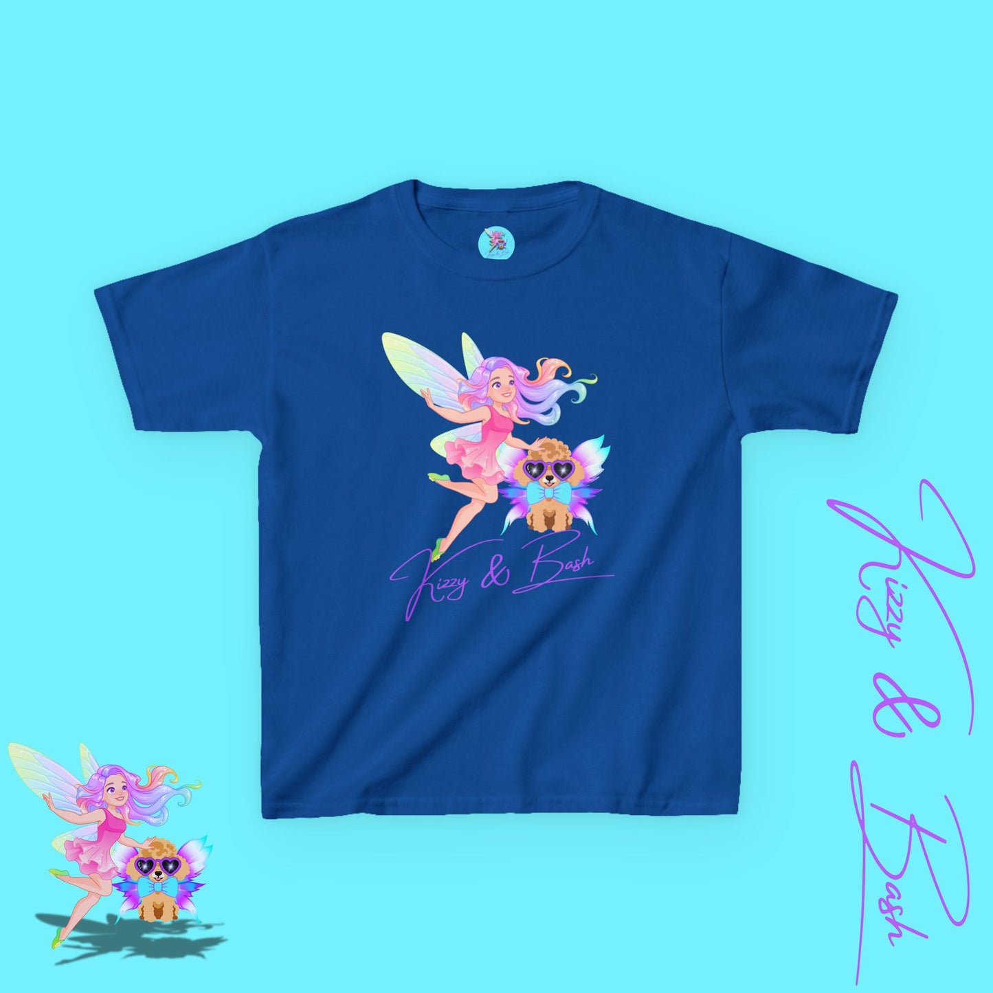 Kizzy & Bash Logo T-Shirt for Kids Whimsical Fairy Girl and Toy Poodle with Wings Fairycore Shirt Gift for Fairy Lovers Gift for Poodle Lovers Kids Heavy Cotton™ Tee