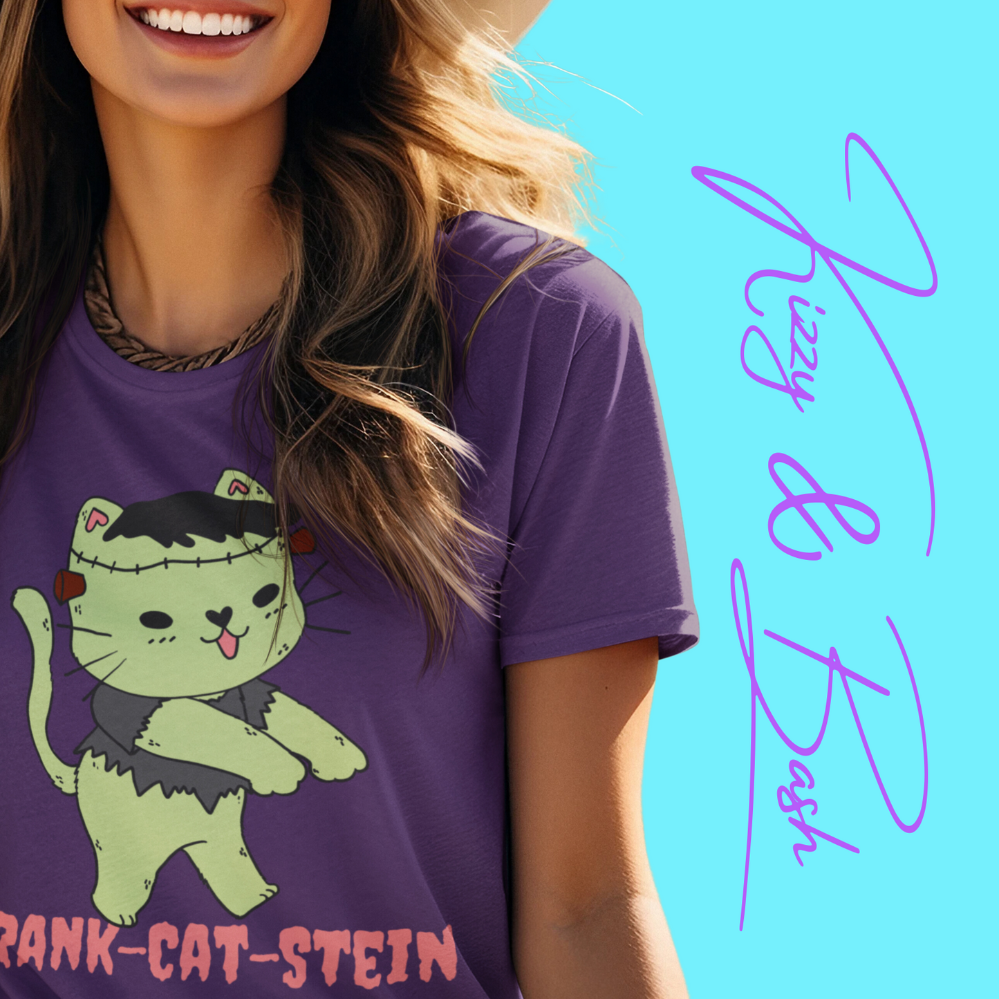 Frank-Cat-Stein Cute Halloween Zombie Cat T-Shirt Monster Cat Halloween Pun Shirt Gift for Frankenstein Fans Cat Lover Gift For Cat Mom or Cat Dad Funny English Teacher Appreciation Gift Adult Unisex Jersey Short Sleeve Tee