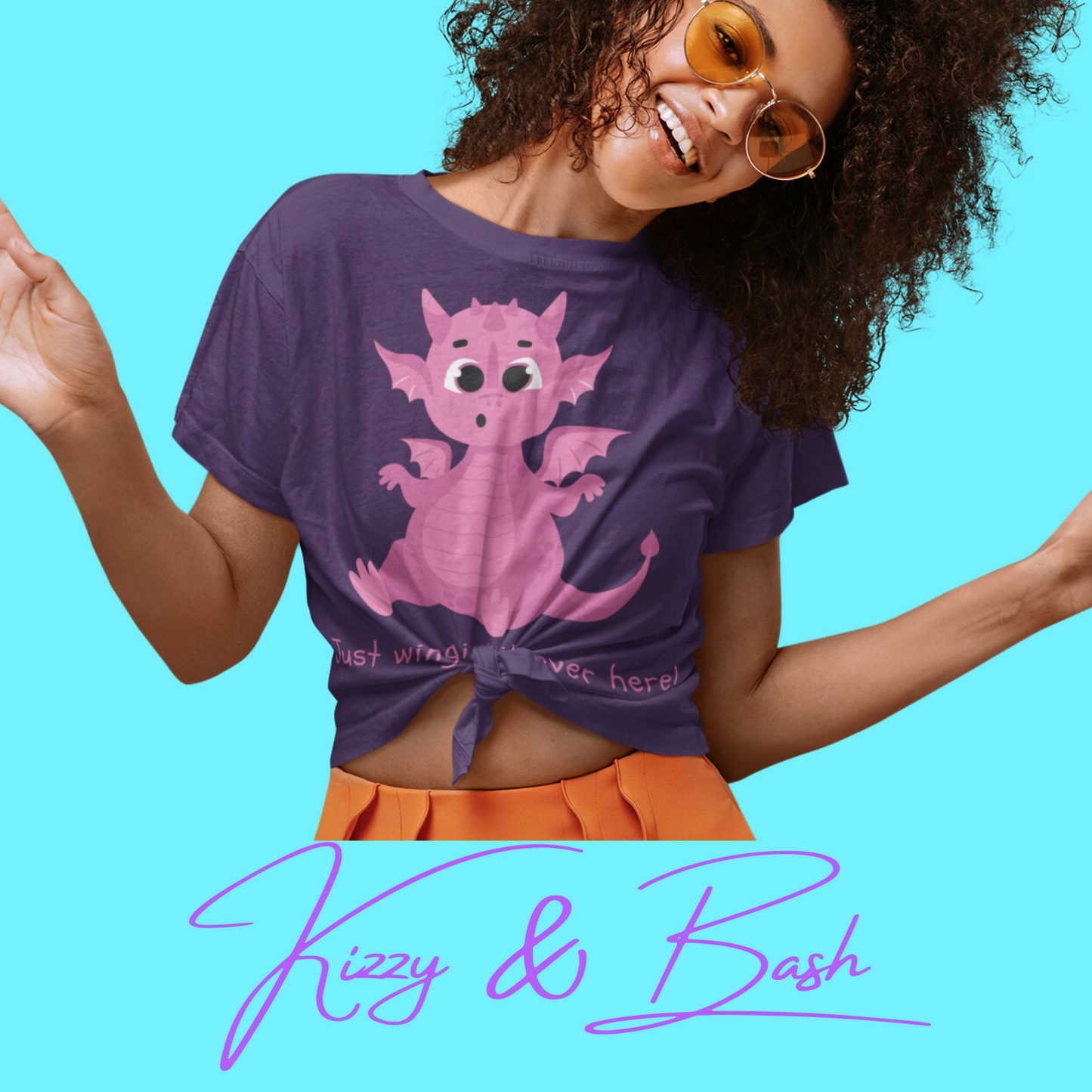Pink Dragon T-Shirt Just Wingin' it Over Here Shirt for Adults Dragoncore Gift Idea Girl Power T-Shirt Funny Animal Pun Shirt for Dragon Lovers Unisex Heavy Cotton Tee