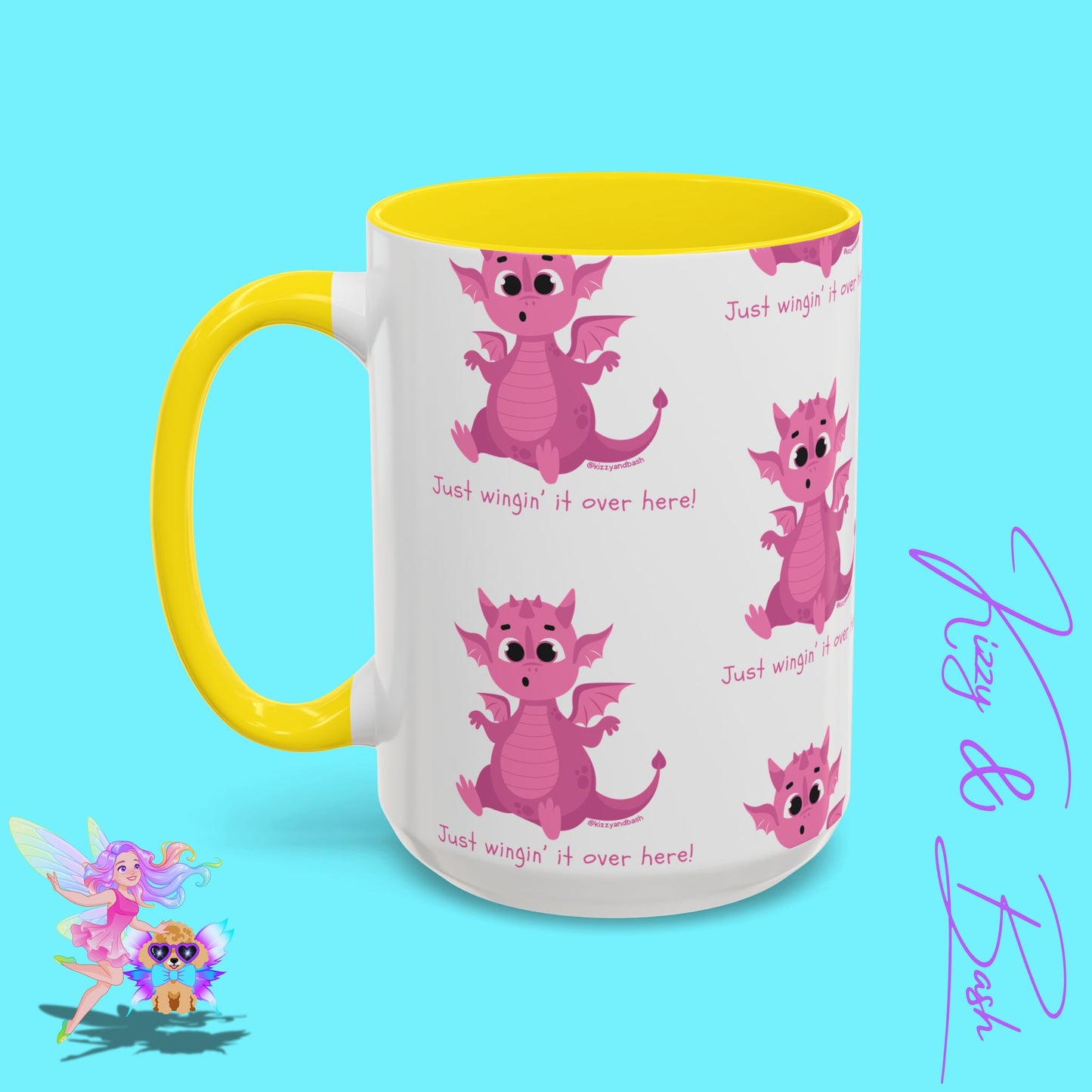 Pink Dragon Coffee Mug for Her Funny Dragon Mug Unique Dragon Gift for Her Just Wingin' It Over Here Self-Affirming Gift Idea Dragon Lover Mug Pink Lover Accent Coffee Mug 11, 15oz