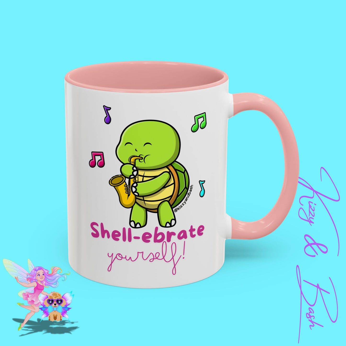 Cute Turtle Coffee Mug Funny Turtle Mug Saxophone Playing Turtle Perfect Teacher Appreciation Gift Funny Band Camp Mug Gift for Band Teacher Shell-ebrate Yourself Funny Pun Mug Celebrate Yourself Accent Coffee Mug - 11, 15oz