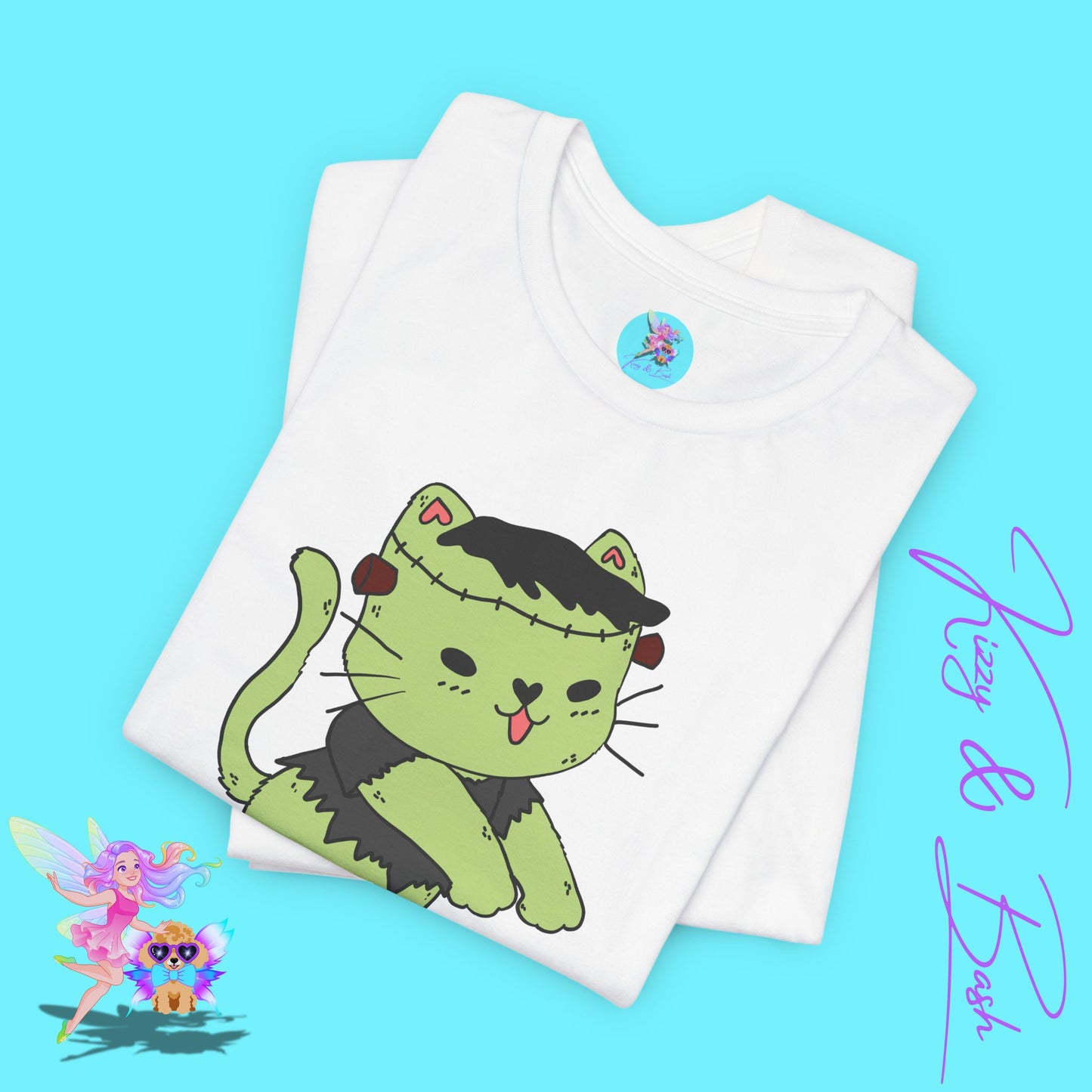 Frank-Cat-Stein Cute Halloween Zombie Cat T-Shirt Monster Cat Halloween Pun Shirt Gift for Frankenstein Fans Cat Lover Gift For Cat Mom or Cat Dad Funny English Teacher Appreciation Gift Adult Unisex Jersey Short Sleeve Tee