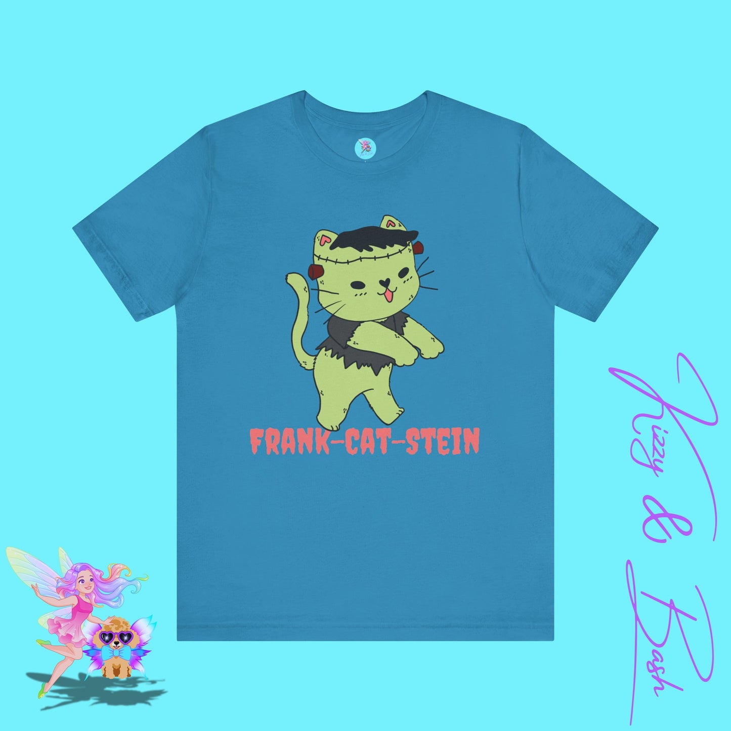 Frank-Cat-Stein Cute Halloween Zombie Cat T-Shirt Monster Cat Halloween Pun Shirt Gift for Frankenstein Fans Cat Lover Gift For Cat Mom or Cat Dad Funny English Teacher Appreciation Gift Adult Unisex Jersey Short Sleeve Tee