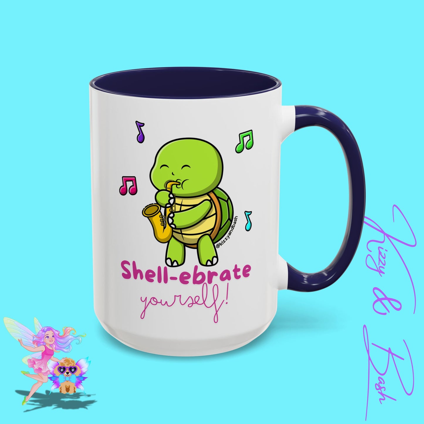 Cute Turtle Coffee Mug Funny Turtle Mug Saxophone Playing Turtle Perfect Teacher Appreciation Gift Funny Band Camp Mug Gift for Band Teacher Shell-ebrate Yourself Funny Pun Mug Celebrate Yourself Accent Coffee Mug - 11, 15oz