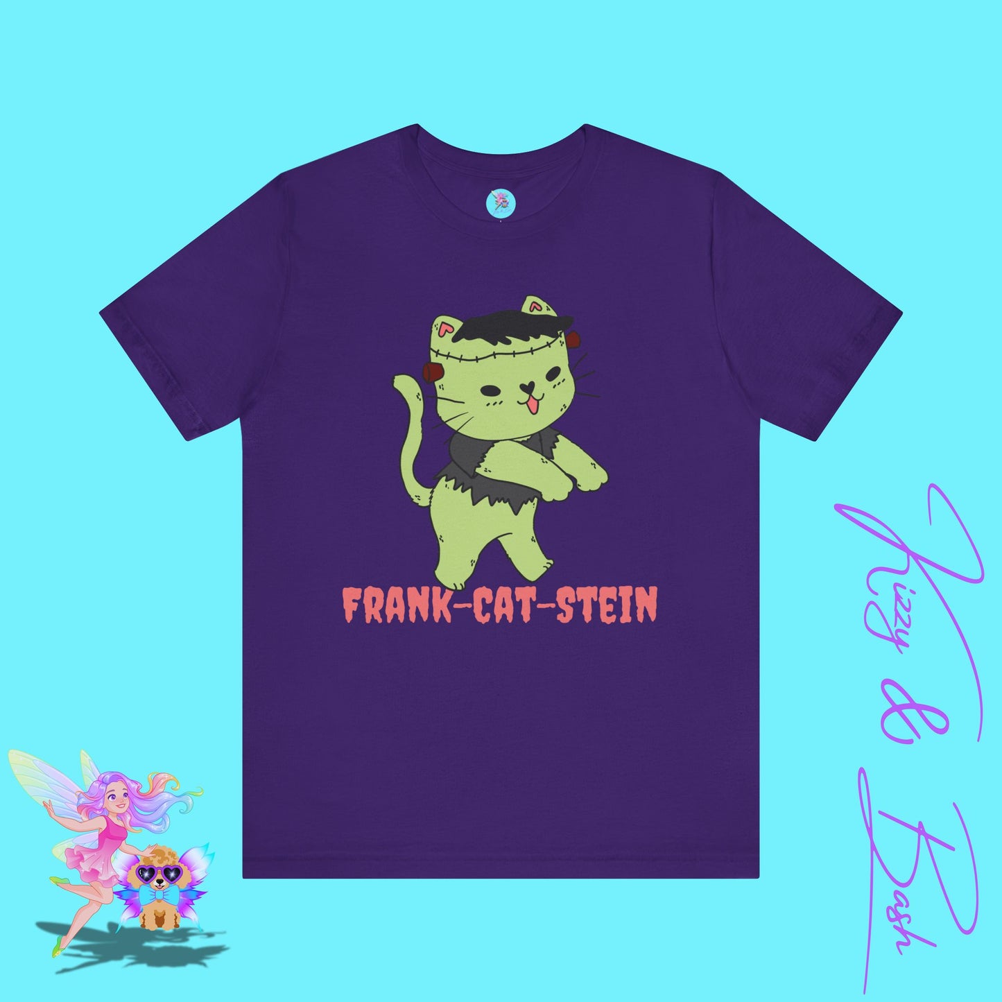 Frank-Cat-Stein Cute Halloween Zombie Cat T-Shirt Monster Cat Halloween Pun Shirt Gift for Frankenstein Fans Cat Lover Gift For Cat Mom or Cat Dad Funny English Teacher Appreciation Gift Adult Unisex Jersey Short Sleeve Tee