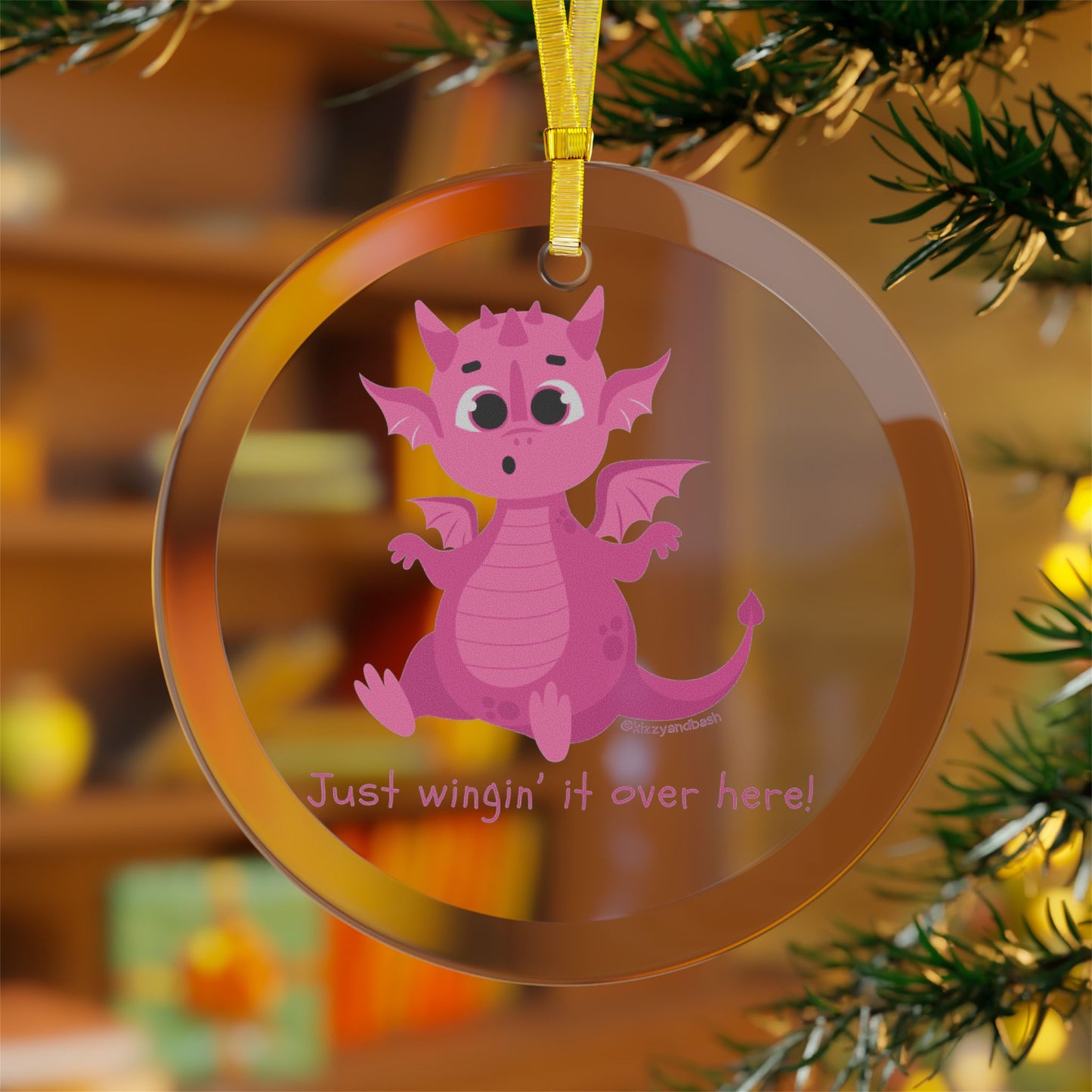 Pink Dragon Just Wingin' It Over Here Glass Ornaments Funny Dragon Gift for Her Dragoncore Christmas Gift Unique Holiday Gift for Dragon Lovers