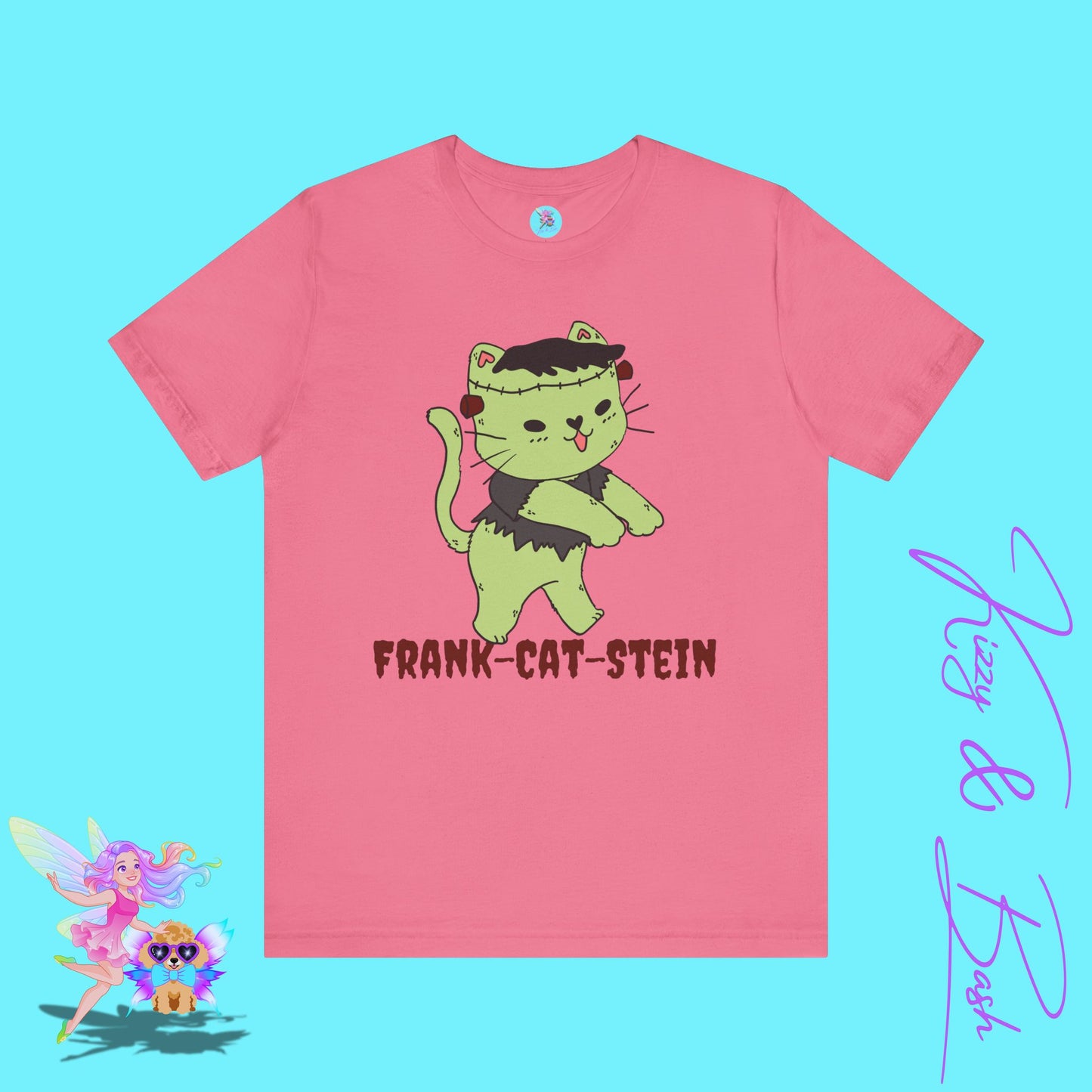 Frank-Cat-Stein Cute Halloween Zombie Cat T-Shirt Monster Cat Halloween Pun Shirt Gift for Frankenstein Fans Cat Lover Gift For Cat Mom or Cat Dad Funny English Teacher Appreciation Gift Adult Unisex Jersey Short Sleeve Tee