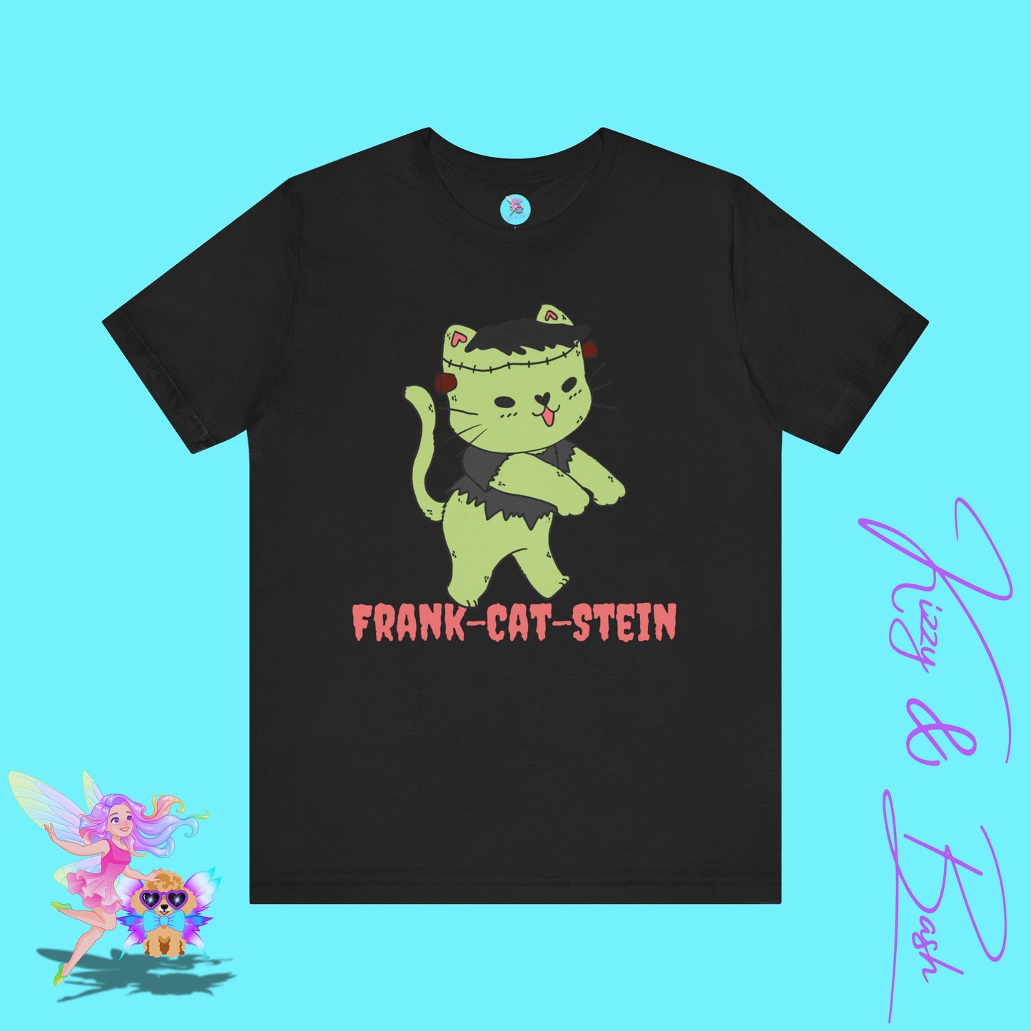 Frank-Cat-Stein Cute Halloween Zombie Cat T-Shirt Monster Cat Halloween Pun Shirt Gift for Frankenstein Fans Cat Lover Gift For Cat Mom or Cat Dad Funny English Teacher Appreciation Gift Adult Unisex Jersey Short Sleeve Tee