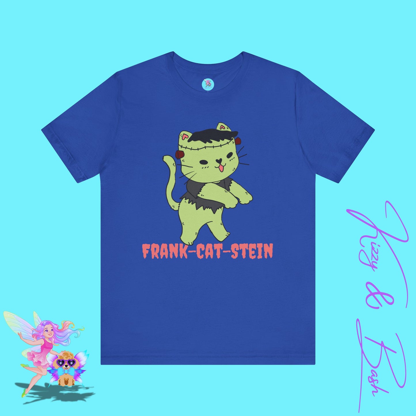 Frank-Cat-Stein Cute Halloween Zombie Cat T-Shirt Monster Cat Halloween Pun Shirt Gift for Frankenstein Fans Cat Lover Gift For Cat Mom or Cat Dad Funny English Teacher Appreciation Gift Adult Unisex Jersey Short Sleeve Tee