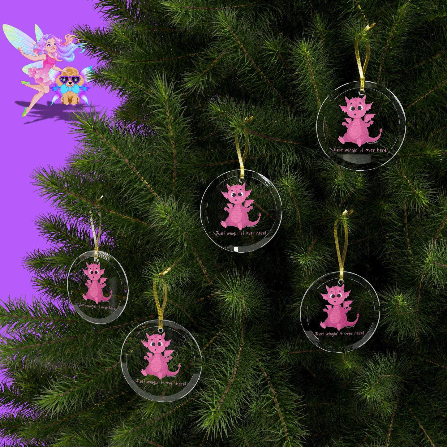 Pink Dragon Just Wingin' It Over Here Glass Ornaments Funny Dragon Gift for Her Dragoncore Christmas Gift Unique Holiday Gift for Dragon Lovers