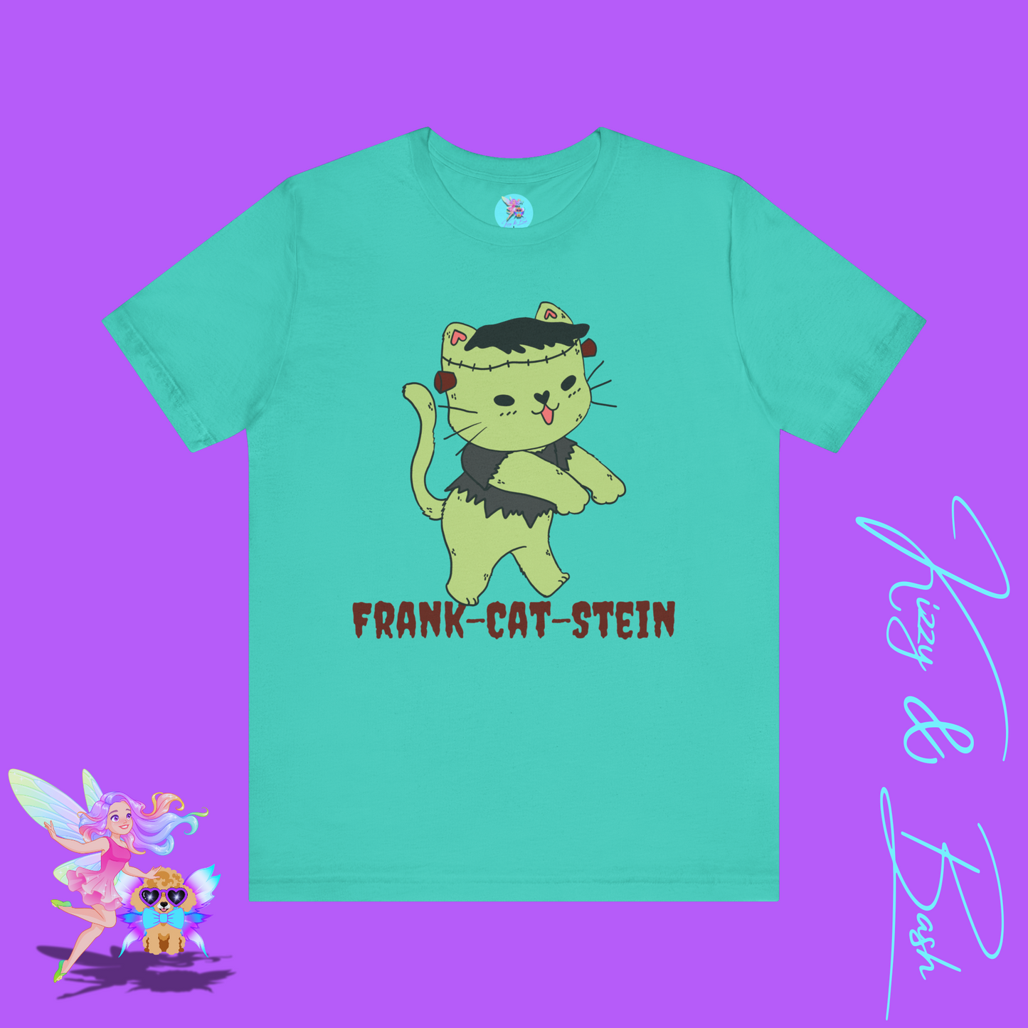 Frank-Cat-Stein Cute Halloween Zombie Cat T-Shirt Monster Cat Halloween Pun Shirt Gift for Frankenstein Fans Cat Lover Gift For Cat Mom or Cat Dad Funny English Teacher Appreciation Gift Adult Unisex Jersey Short Sleeve Tee
