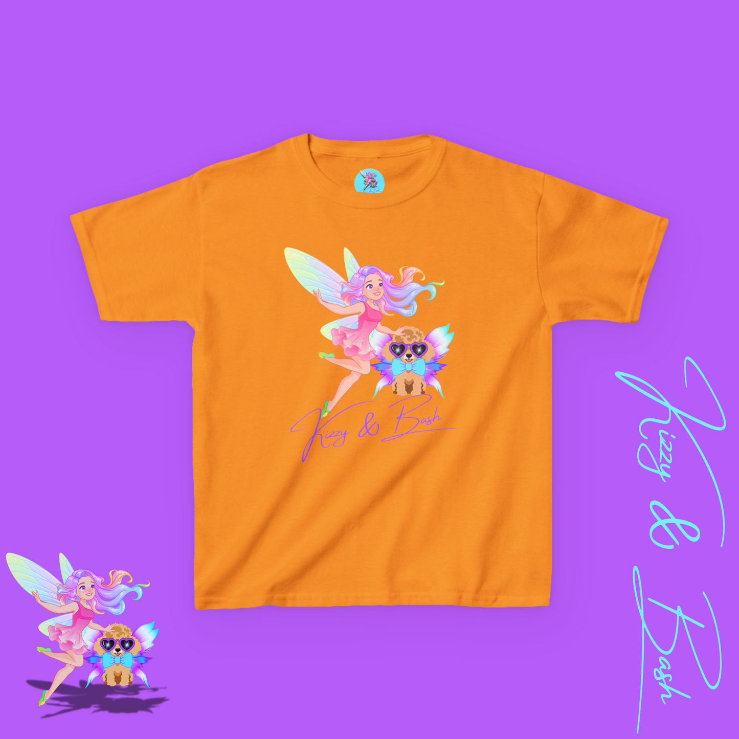 Kizzy & Bash Logo T-Shirt for Kids Whimsical Fairy Girl and Toy Poodle with Wings Fairycore Shirt Gift for Fairy Lovers Gift for Poodle Lovers Kids Heavy Cotton™ Tee