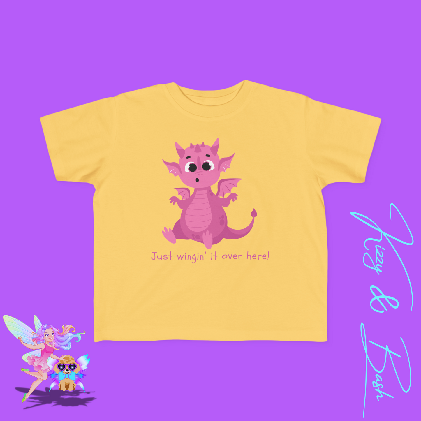 Cute Pink Dragon T-Shirt for Toddlers Just Wingin' It Over Here Shirt Funny Encouragement Shirt Perfect Gift for Dragon Lovers Funny Dragon Shirt Whimsical Fantasy Tee Dragoncore Gift Idea for Toddler's Fine Jersey Tee