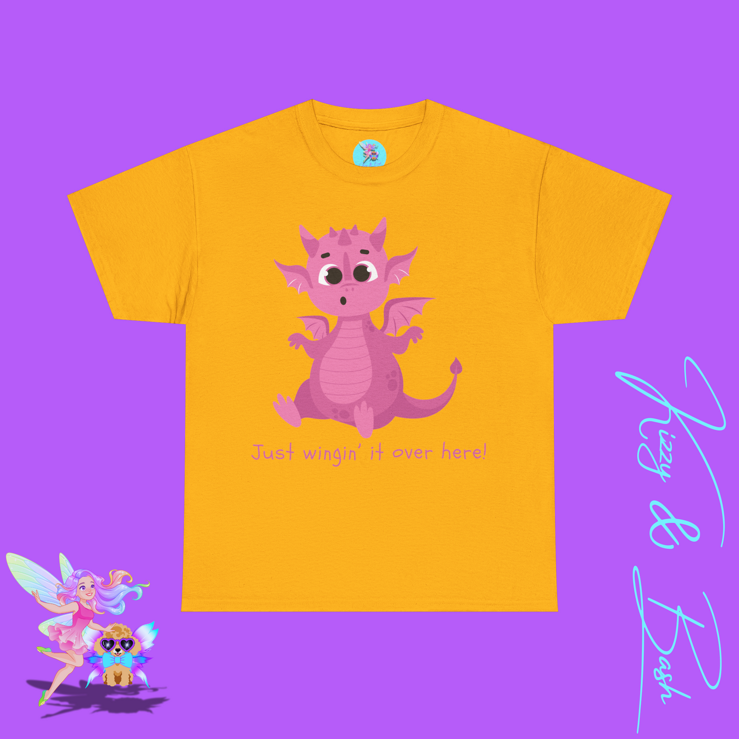 Pink Dragon T-Shirt Just Wingin' it Over Here Shirt for Adults Dragoncore Gift Idea Girl Power T-Shirt Funny Animal Pun Shirt for Dragon Lovers Unisex Heavy Cotton Tee