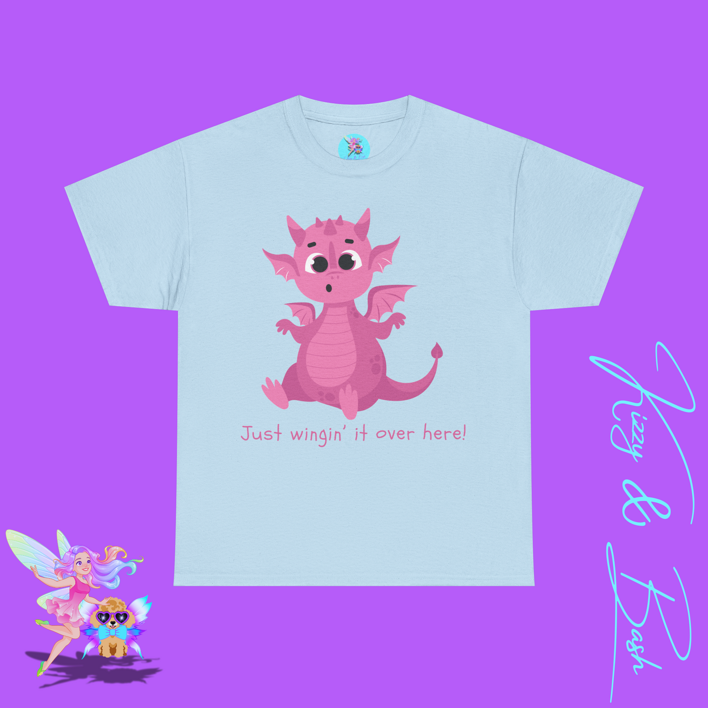 Pink Dragon T-Shirt Just Wingin' it Over Here Shirt for Adults Dragoncore Gift Idea Girl Power T-Shirt Funny Animal Pun Shirt for Dragon Lovers Unisex Heavy Cotton Tee