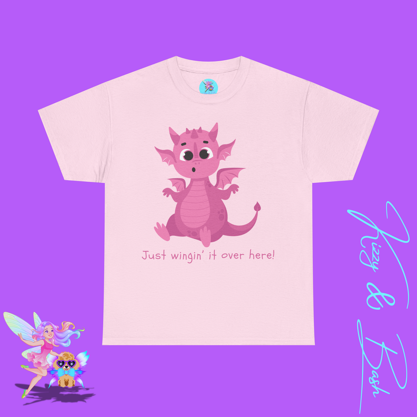 Pink Dragon T-Shirt Just Wingin' it Over Here Shirt for Adults Dragoncore Gift Idea Girl Power T-Shirt Funny Animal Pun Shirt for Dragon Lovers Unisex Heavy Cotton Tee