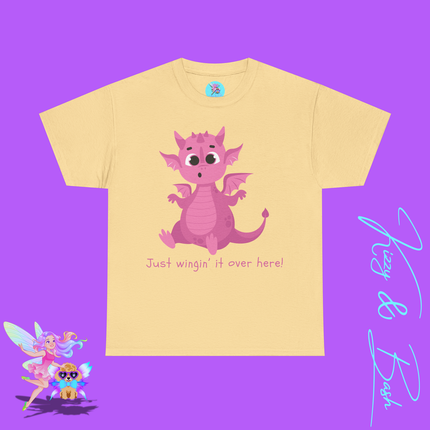 Pink Dragon T-Shirt Just Wingin' it Over Here Shirt for Adults Dragoncore Gift Idea Girl Power T-Shirt Funny Animal Pun Shirt for Dragon Lovers Unisex Heavy Cotton Tee