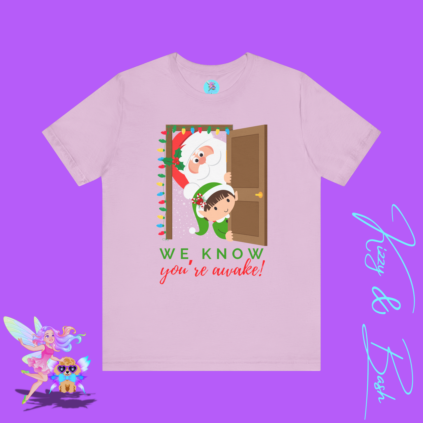 Funny Santa and Elf Christmas Shirt “We Know You’re Awake!” Doorway Peeking Design Holiday Graphic Tee for Him or Her Adult Unisex Jersey Short Sleeve Tee