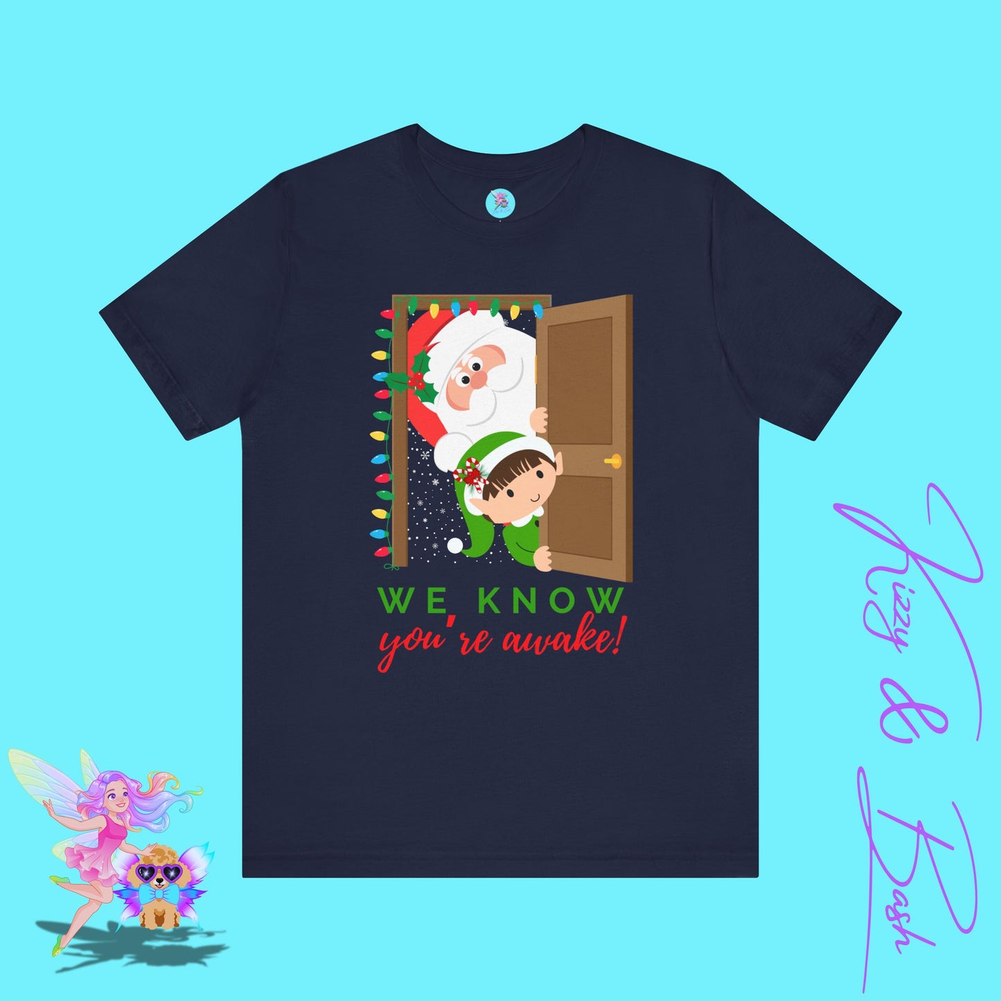 Funny Santa and Elf Christmas Shirt “We Know You’re Awake!” Doorway Peeking Design Holiday Graphic Tee for Him or Her Adult Unisex Jersey Short Sleeve Tee