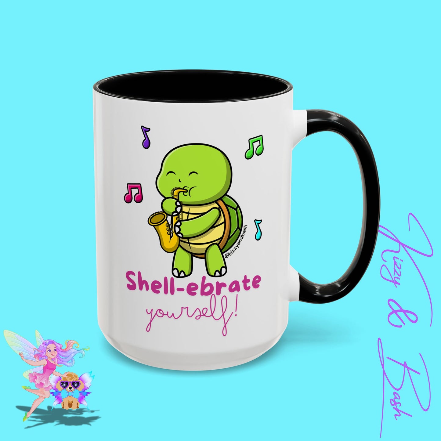 Cute Turtle Coffee Mug Funny Turtle Mug Saxophone Playing Turtle Perfect Teacher Appreciation Gift Funny Band Camp Mug Gift for Band Teacher Shell-ebrate Yourself Funny Pun Mug Celebrate Yourself Accent Coffee Mug - 11, 15oz