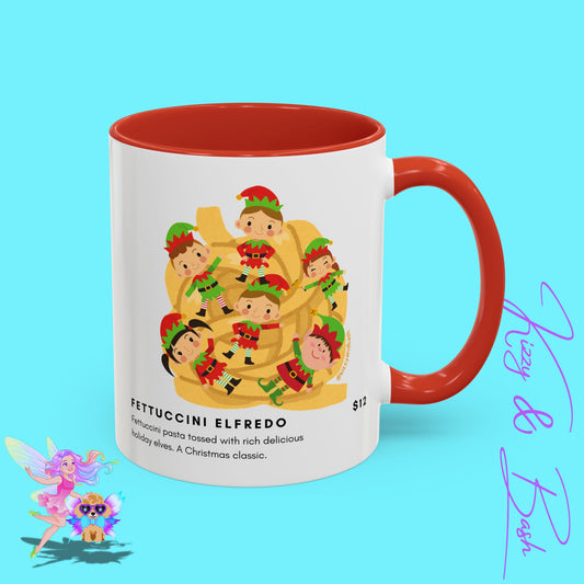 Hilarious Christmas Coffee Mug Perfect Christmas Gift for Teachers Holiday Foodie Mug for Elf Lovers Unique Christmas Gift Idea Elves Tossed in Pasta Fettuccini Elfredo Accent Coffee Mug - 11, 15oz