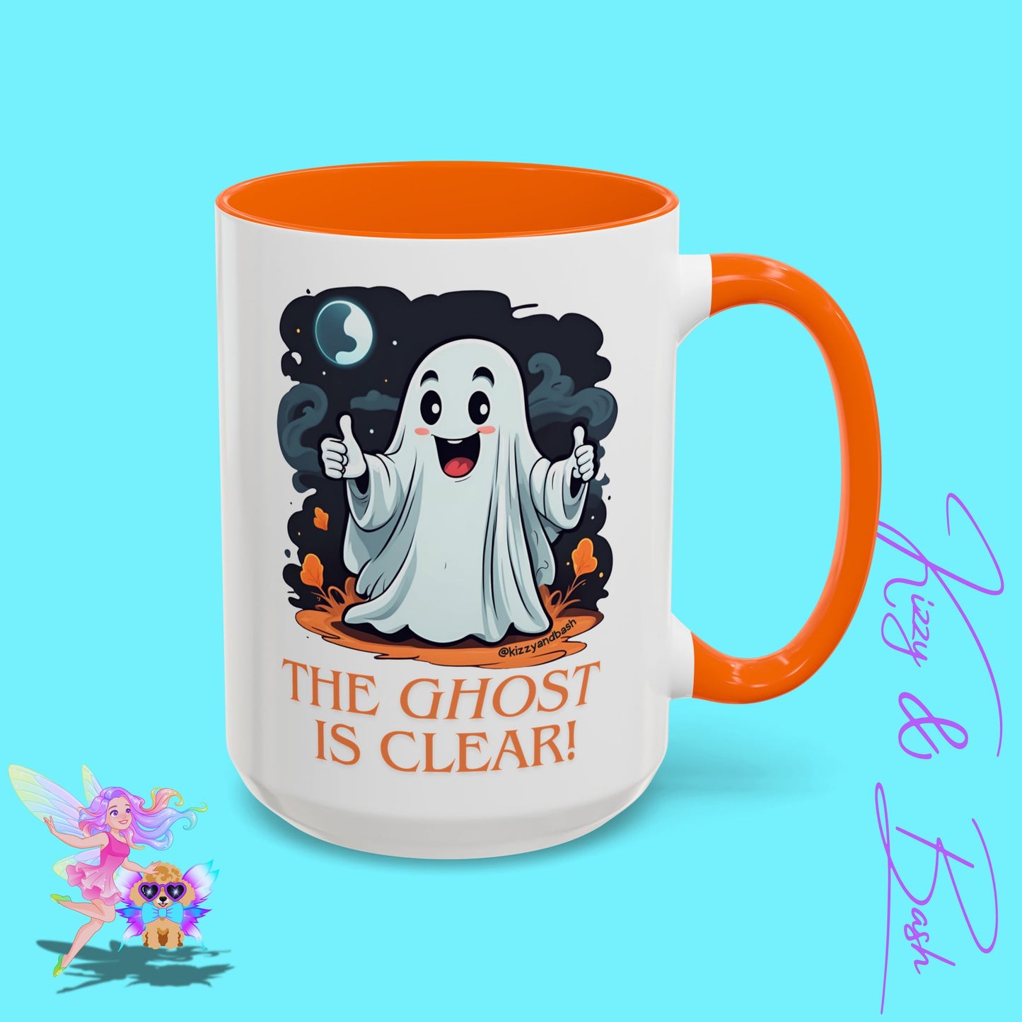 Funny Halloween Mug Cute Halloween Coffee Mug Unique Ghost Lover Gift The Ghost is Clear The Coast is Clear Punny Ghost with Two Thumbs Up Accent Coffee Mug - 11, 15oz