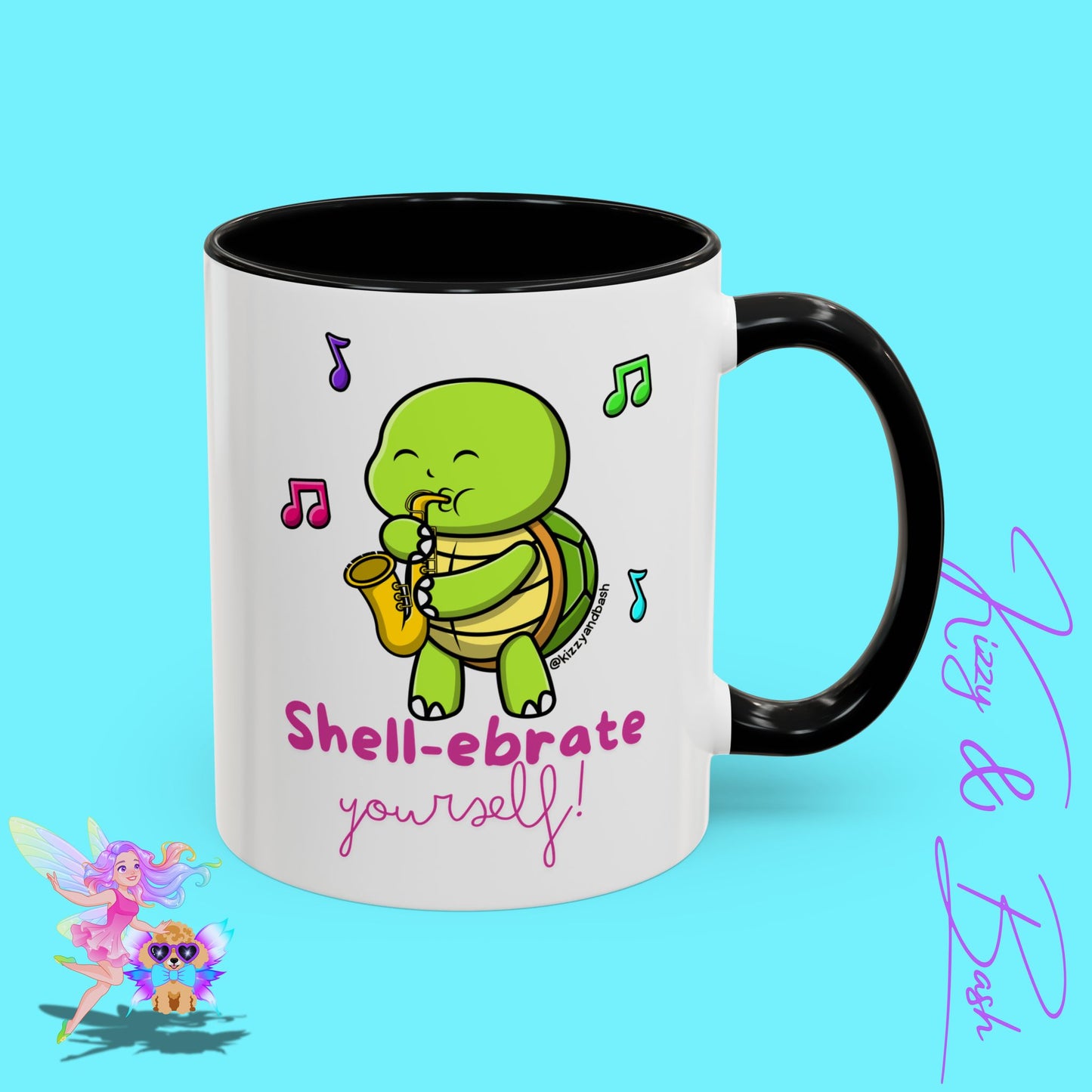 Cute Turtle Coffee Mug Funny Turtle Mug Saxophone Playing Turtle Perfect Teacher Appreciation Gift Funny Band Camp Mug Gift for Band Teacher Shell-ebrate Yourself Funny Pun Mug Celebrate Yourself Accent Coffee Mug - 11, 15oz