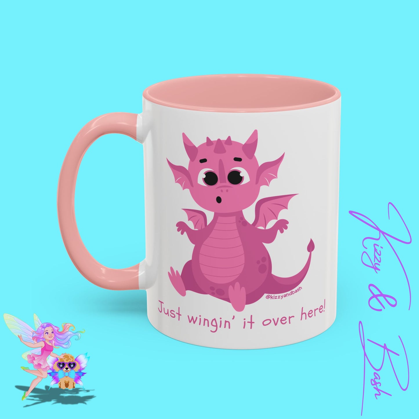 Pink Dragon Coffee Mug for Her Funny Dragon Mug Unique Dragon Gift for Her Just Wingin' It Over Here Self-Affirming Gift Idea Dragon Lover Mug Pink Lover Accent Coffee Mug  11, 15oz