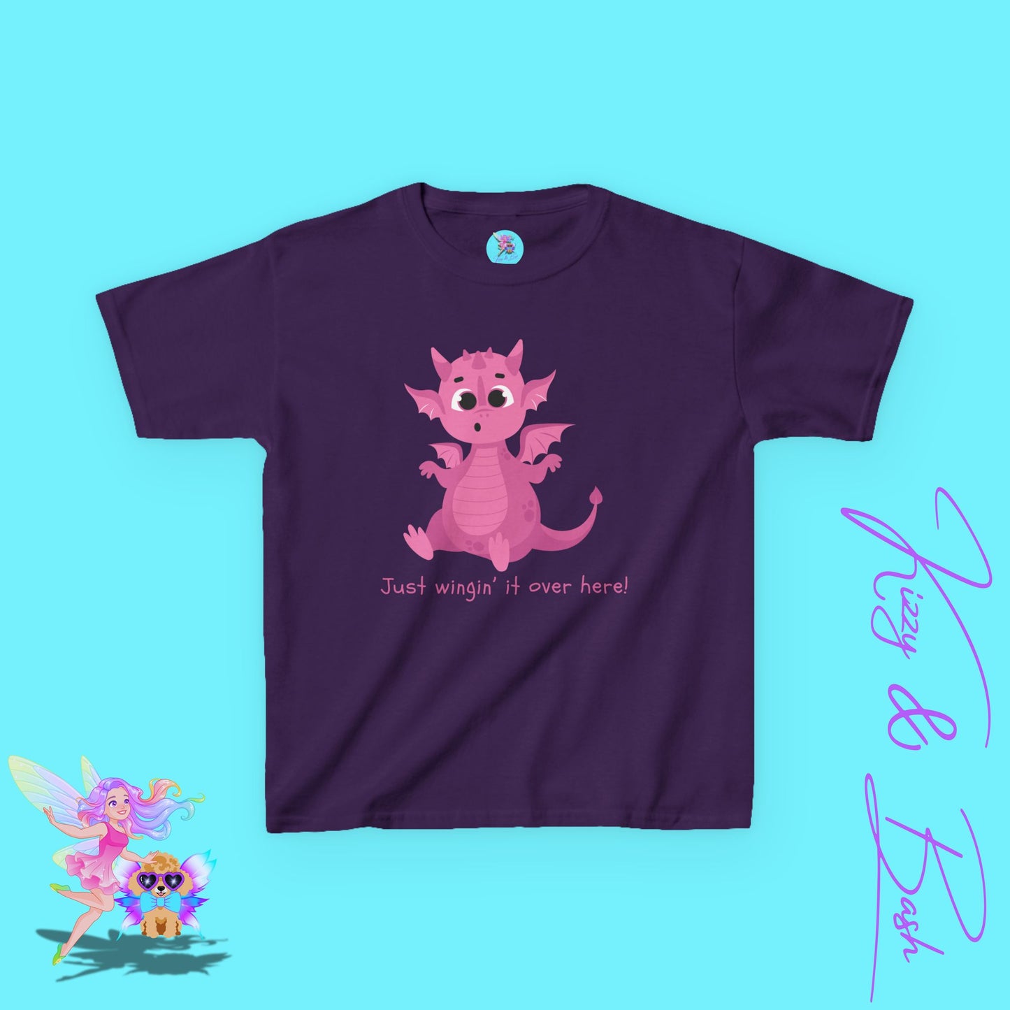 Funny Dragon Shirt for Kids Just Wingin' it Over Here Tee Gift for Dragon Lovers Funny Self-Love Shirt Cute Gift for Friends or Family Whimsical Fantasy Tee Dragoncore Gift Idea for Kids Heavy Cotton™ Tee