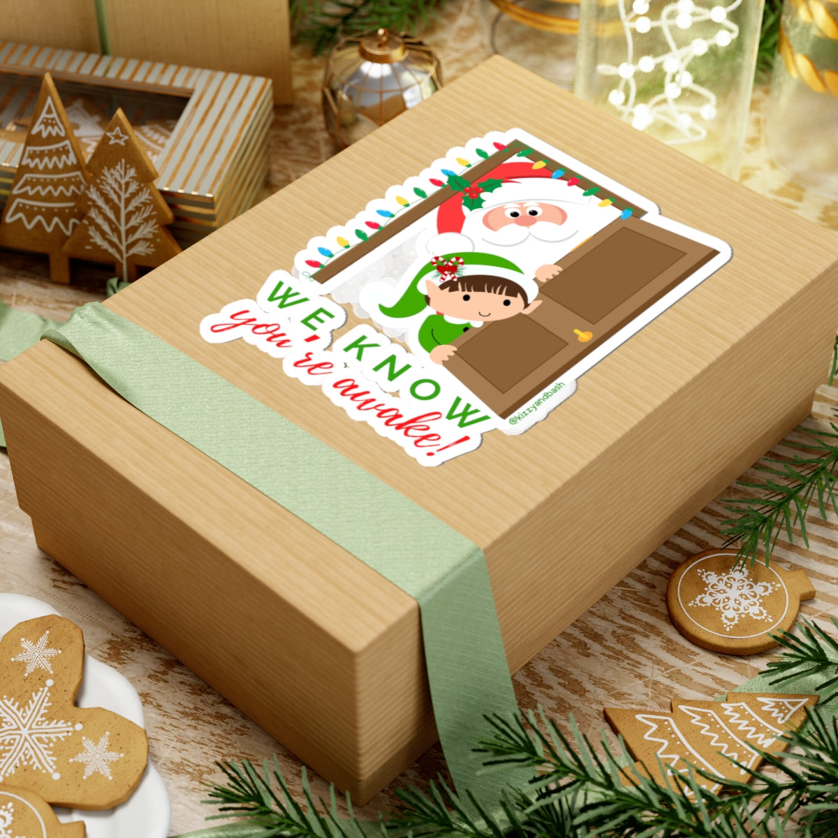 Hilarious Santa and Elf Sticker Funny Christmas Sticker for Kids Perfect Gift for Santa Lovers Funny Gift for Elf Lovers We Know You're Awake Christmas Kiss-Cut Stickers