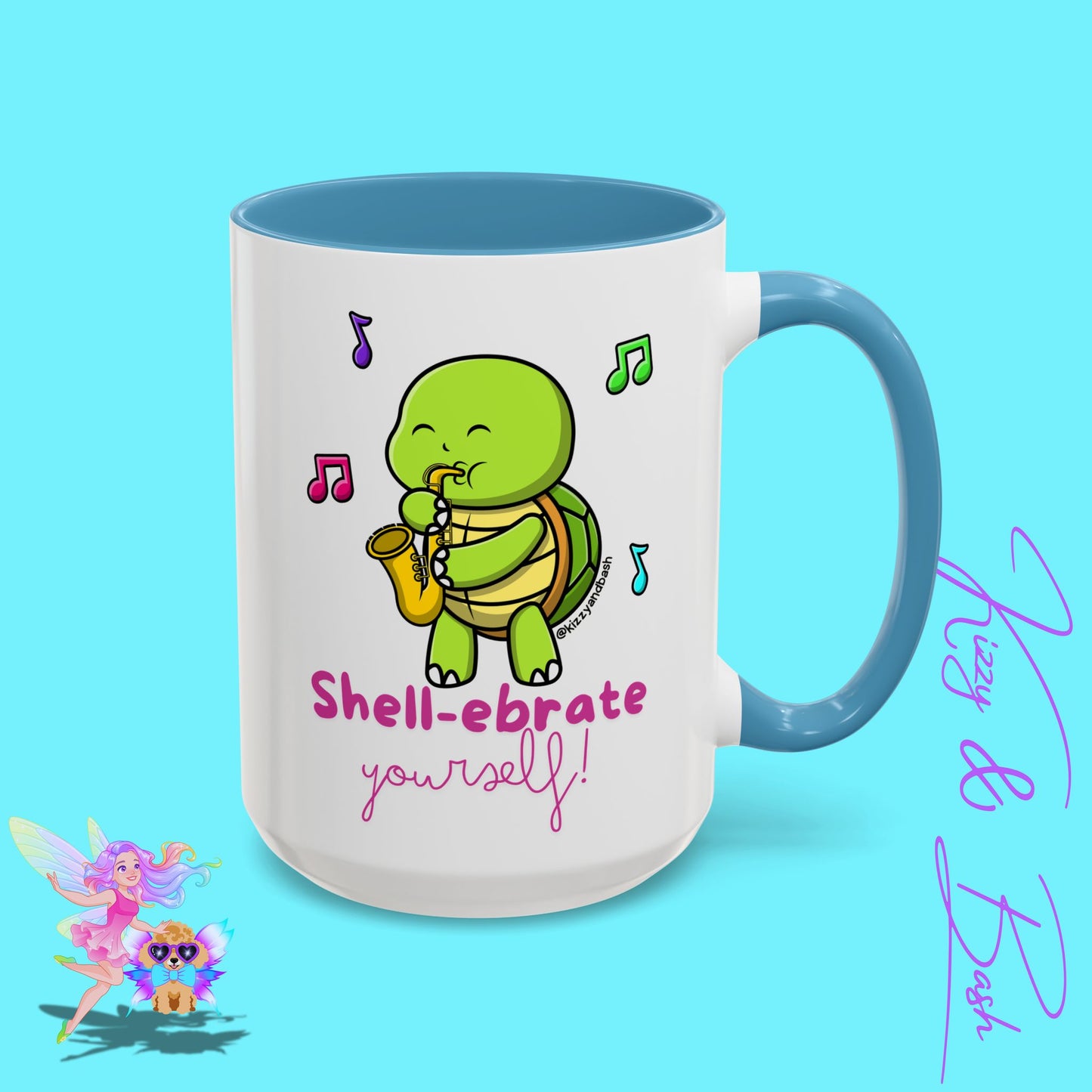 Cute Turtle Coffee Mug Funny Turtle Mug Saxophone Playing Turtle Perfect Teacher Appreciation Gift Funny Band Camp Mug Gift for Band Teacher Shell-ebrate Yourself Funny Pun Mug Celebrate Yourself Accent Coffee Mug - 11, 15oz