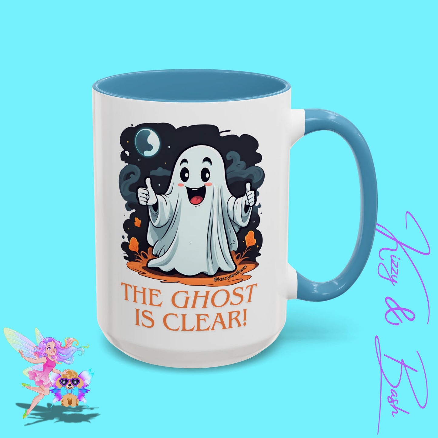 Funny Halloween Mug Cute Halloween Coffee Mug Unique Ghost Lover Gift The Ghost is Clear The Coast is Clear Punny Ghost with Two Thumbs Up Accent Coffee Mug - 11, 15oz