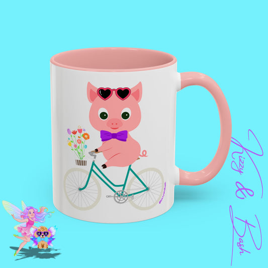 Pig Riding Bicycle Accent Coffee Mug Unique Gift for Teacher Funny Farm Animal Mug Adorable Pig Ceramic Mug Perfect Mug for Bicycle Lovers - 11, 15oz