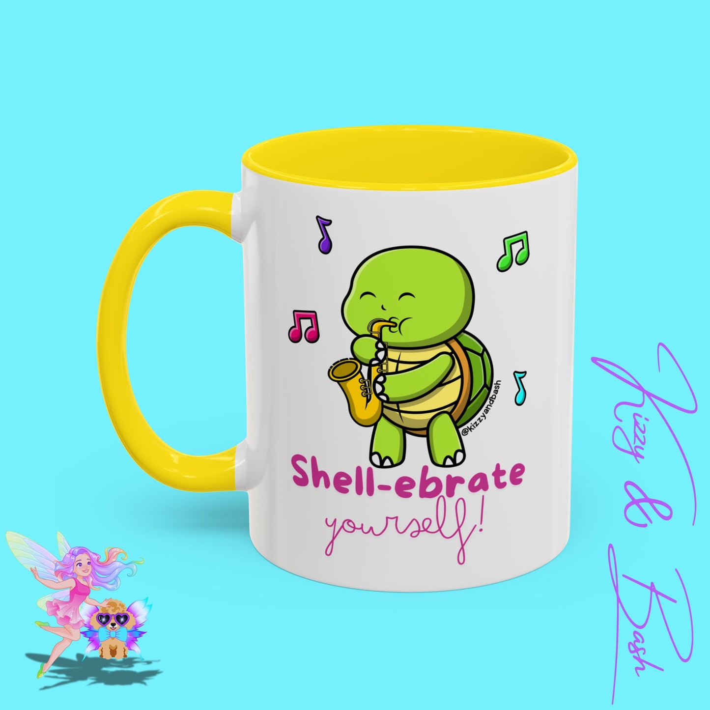 Cute Turtle Coffee Mug Funny Turtle Mug Saxophone Playing Turtle Perfect Teacher Appreciation Gift Funny Band Camp Mug Gift for Band Teacher Shell-ebrate Yourself Funny Pun Mug Celebrate Yourself Accent Coffee Mug - 11, 15oz