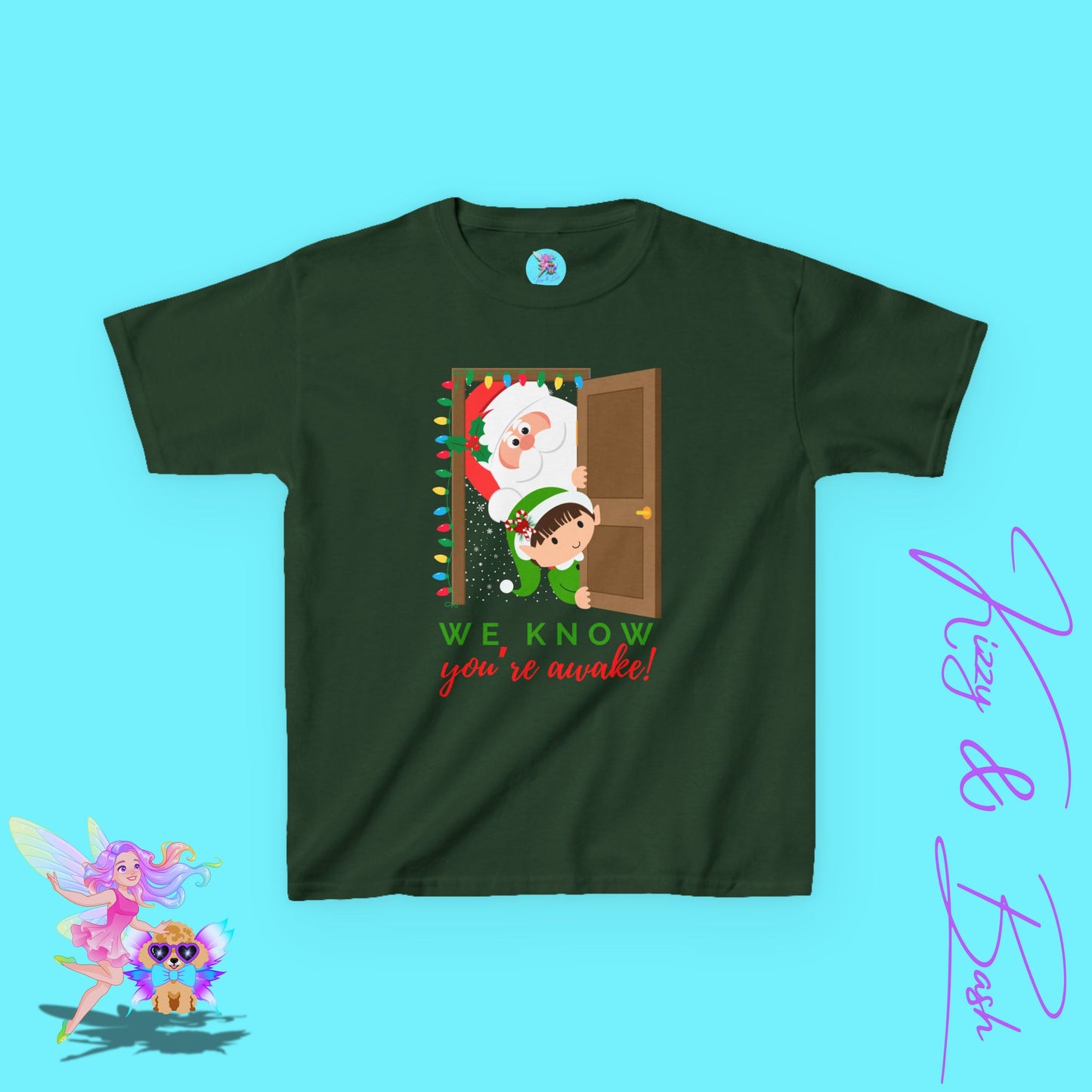 We Know You're Awake Funny Santa and Elf Christmas Shirt for Kids Funny Holiday Graphic Tee Unique Holiday Gift Idea for Elf Lovers Santa Shirt for Kids Heavy Cotton™ Tee
