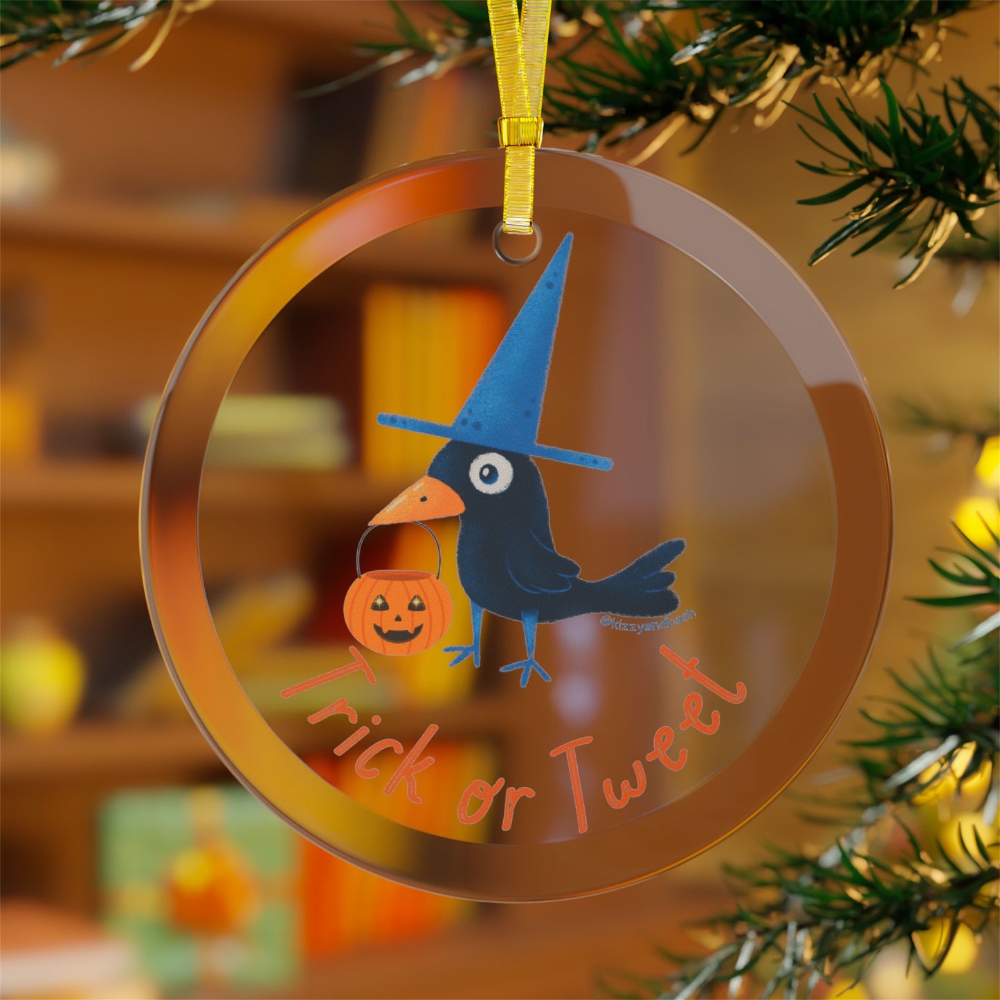 Funny Halloween Gift Unique Gift for Bird Lovers Black Bird Christmas Ornament Trick-or-Treating Trick or Tweet Pun Raven with Halloween Pumpkin Glass Ornaments