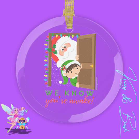 Funny Santa and Elf Ornament Unique Santa Christmas Ornament Funny Christmas Gift for Kids Perfect Gift for the Naughty List Funny Gift for Elf Lovers We Know You're Awake Glass Ornament