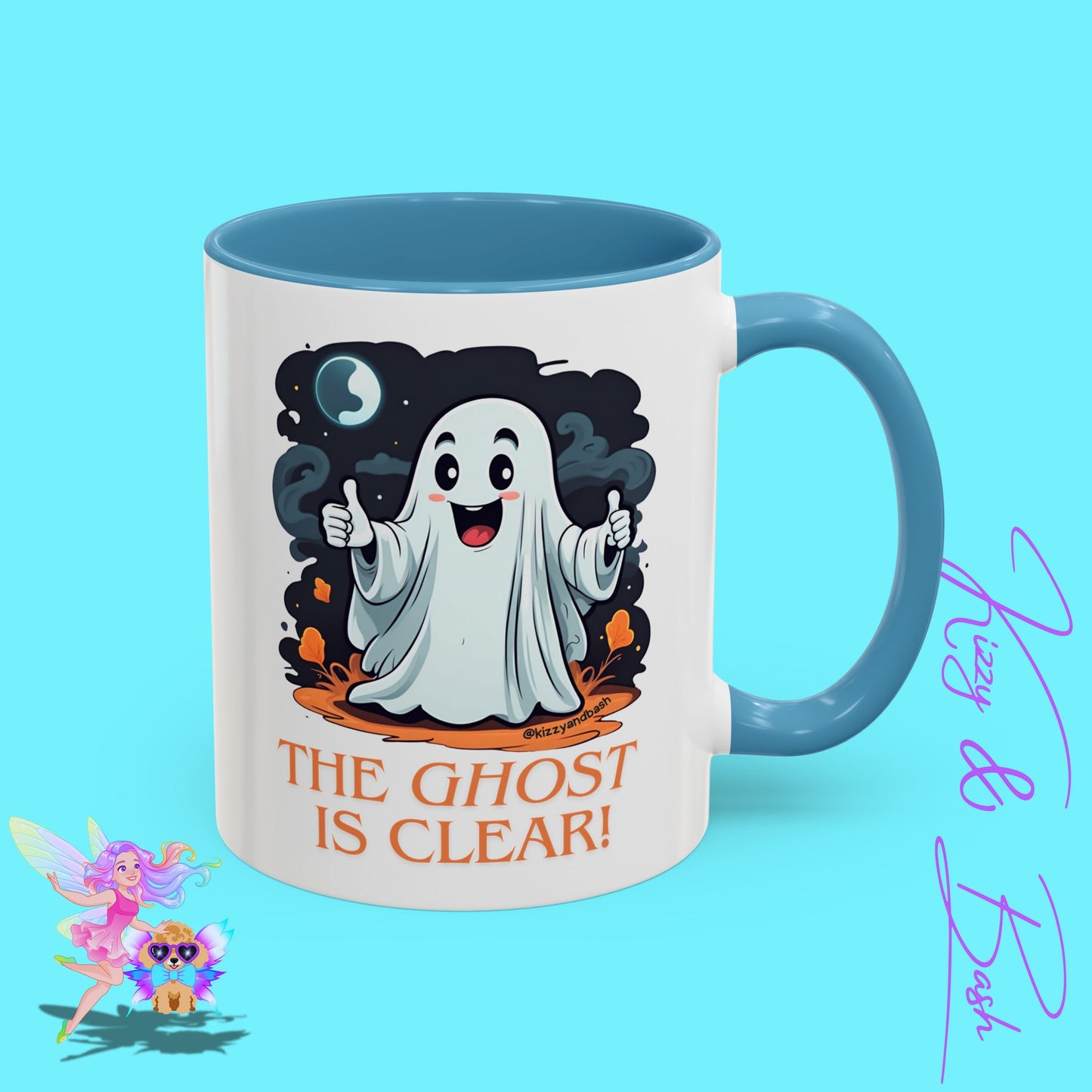 Funny Halloween Mug Cute Halloween Coffee Mug Unique Ghost Lover Gift The Ghost is Clear The Coast is Clear Punny Ghost with Two Thumbs Up Accent Coffee Mug - 11, 15oz