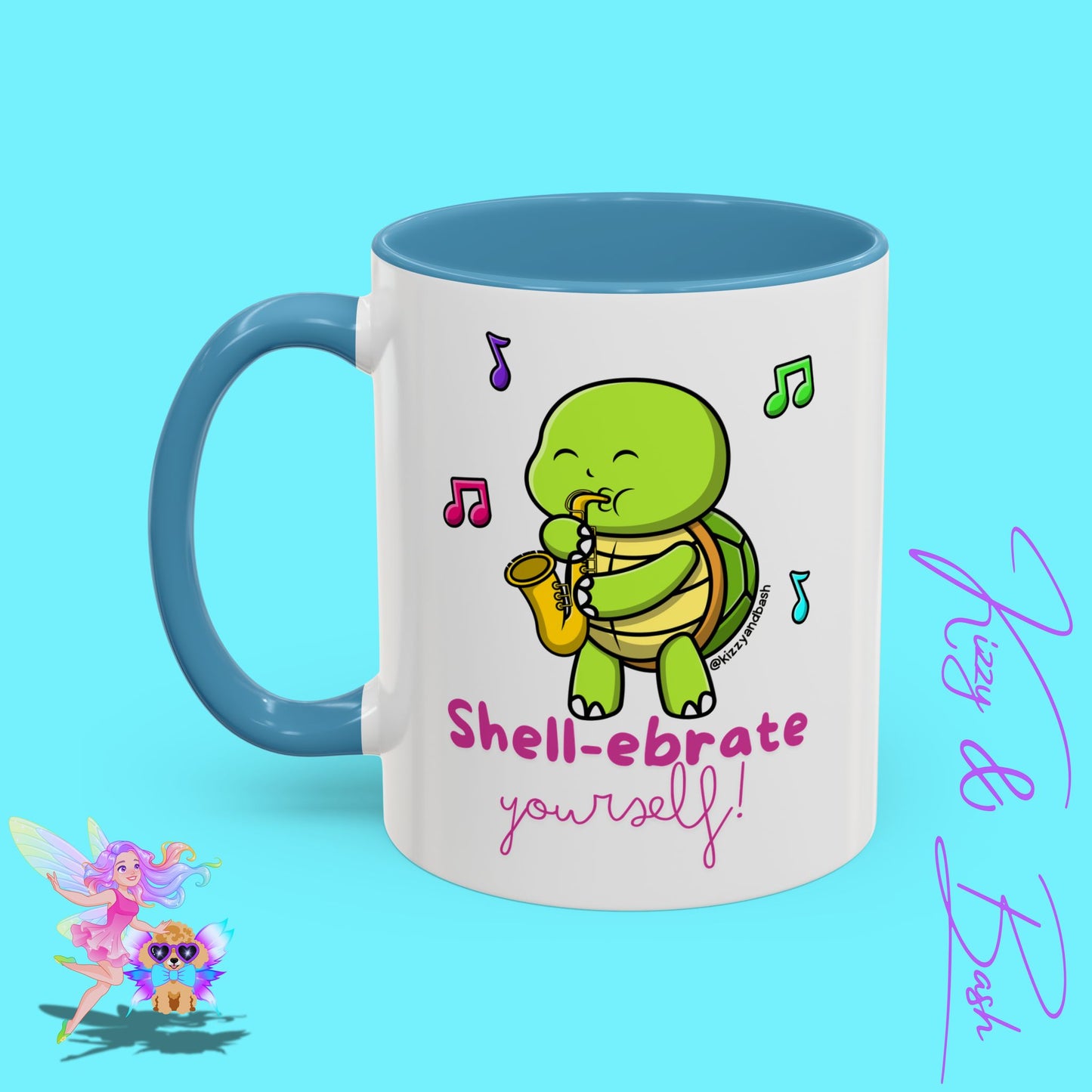 Cute Turtle Coffee Mug Funny Turtle Mug Saxophone Playing Turtle Perfect Teacher Appreciation Gift Funny Band Camp Mug Gift for Band Teacher Shell-ebrate Yourself Funny Pun Mug Celebrate Yourself Accent Coffee Mug - 11, 15oz